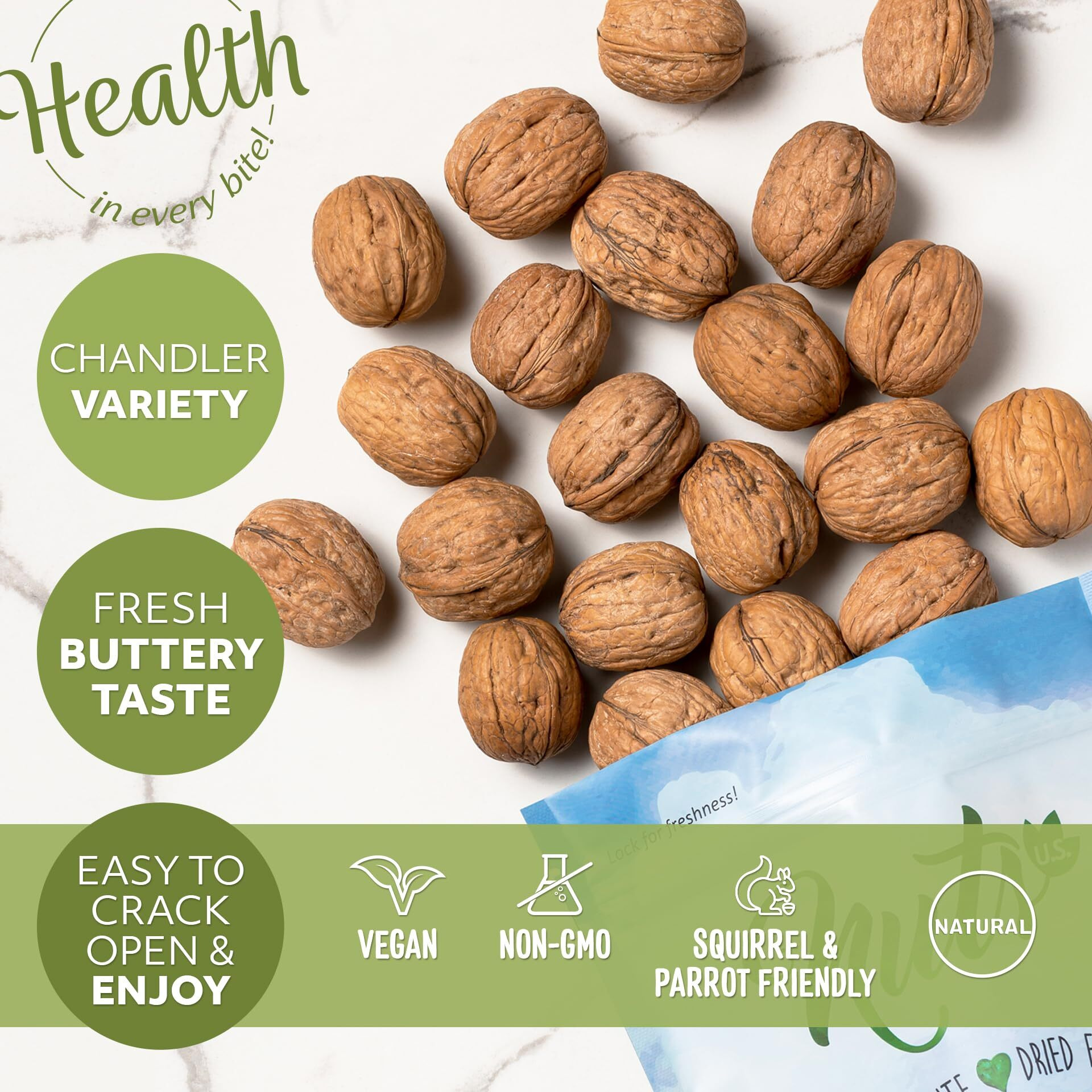 Nuts U.S. - Walnuts In Shell | Grown And Packed In California | Jumbo Size And Chandler Variety | Fresh Buttery Taste And Easy To Crack | Non-Gmo And Raw Walnuts In Resealable Bags (2 Lbs)