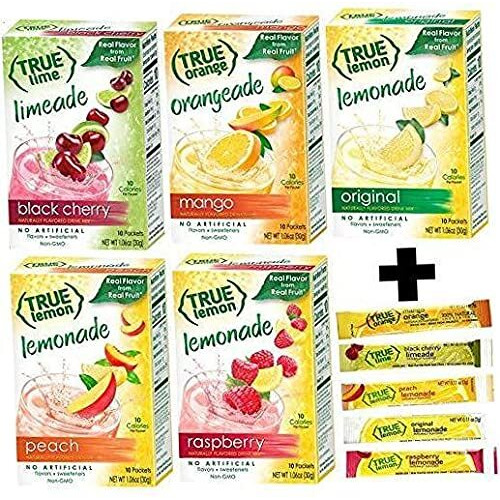 True Lemon Assorted Beverage Pack (5Boxes 10Ct Each) With 5 Free Bonus Sticks Of Lemonade True Lemon Original True Peach Lemonade, True Black Cherry Limeade, True Mango Orange And True Raspberry Assorted True Lemonade Drink Mixes.