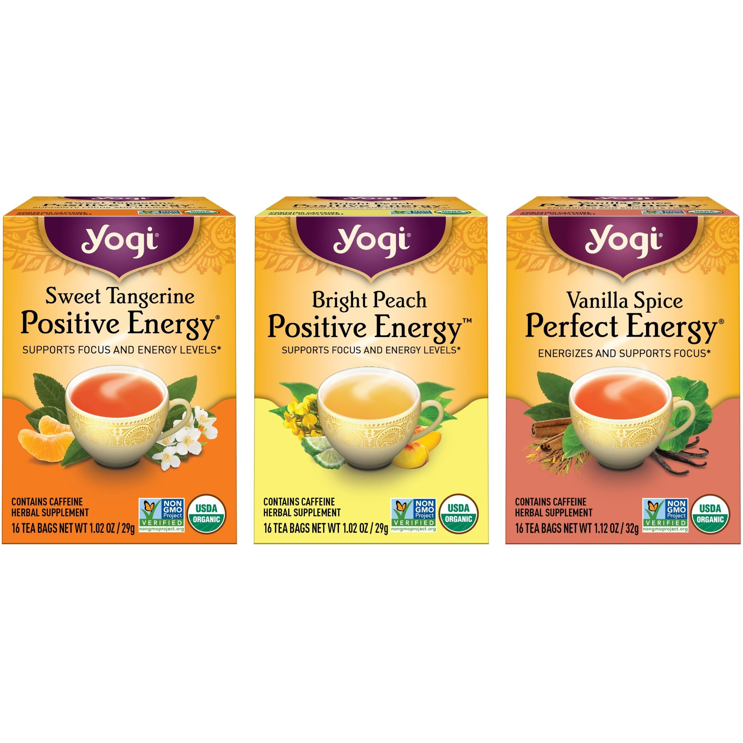 Yogi Tea Energy Variety 3 Pack-Organic Sampler-Includes Bright Peach Positive Energy, Sweet Tangerine Positive Energy & Vanilla Spice Perfect Energy
