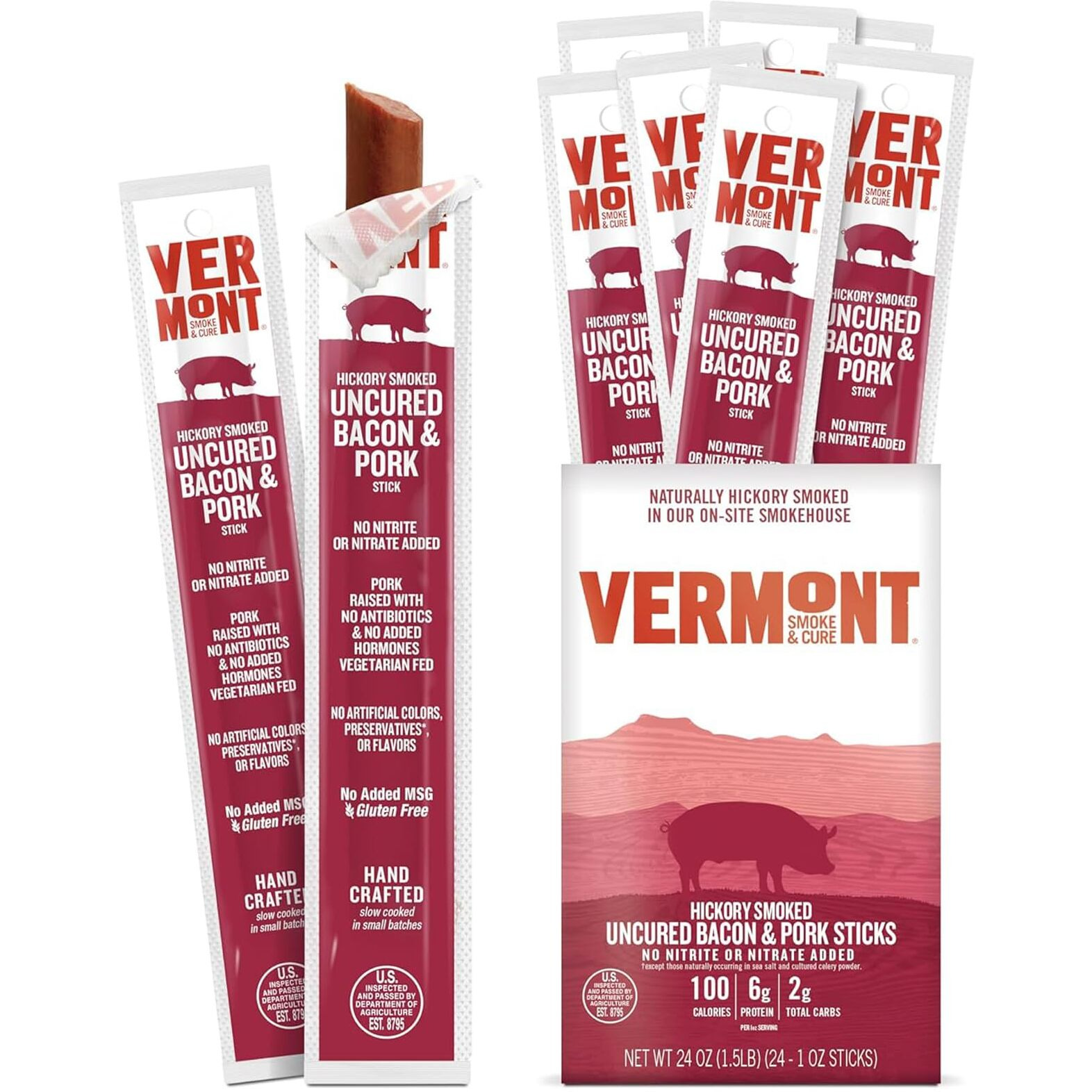 Vermont Smoke & Cure Meat Sticks - Uncured Pork Bacon Sticks Protein Snacks, No Antibiotics Or Added Hormones, Hiking Snacks - 1 Oz, 24 Ct Carton