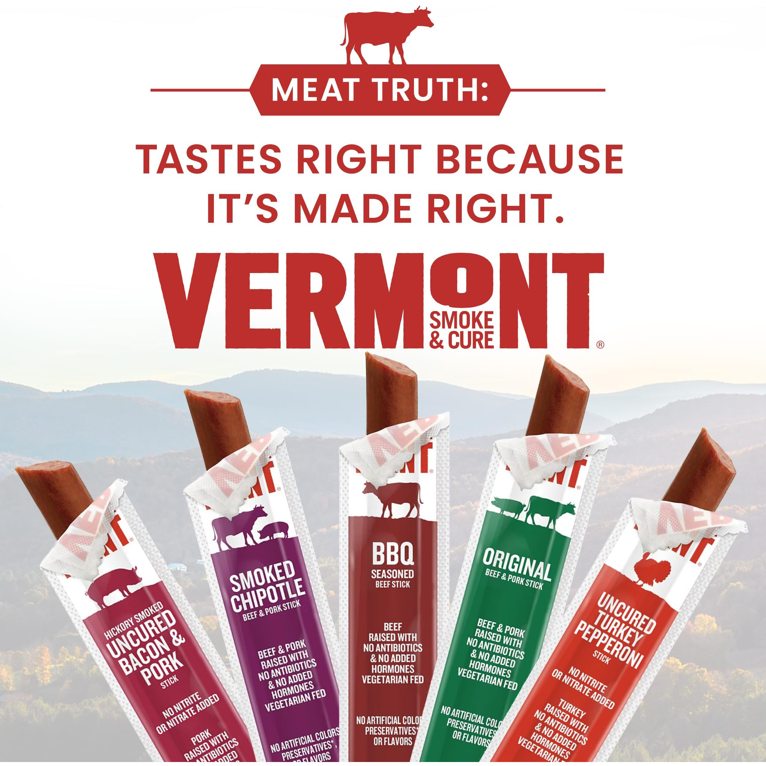 Vermont Smoke & Cure Meat Sticks - Uncured Pork Bacon Sticks Protein Snacks, No Antibiotics Or Added Hormones, Hiking Snacks - 1 Oz, 24 Ct Carton