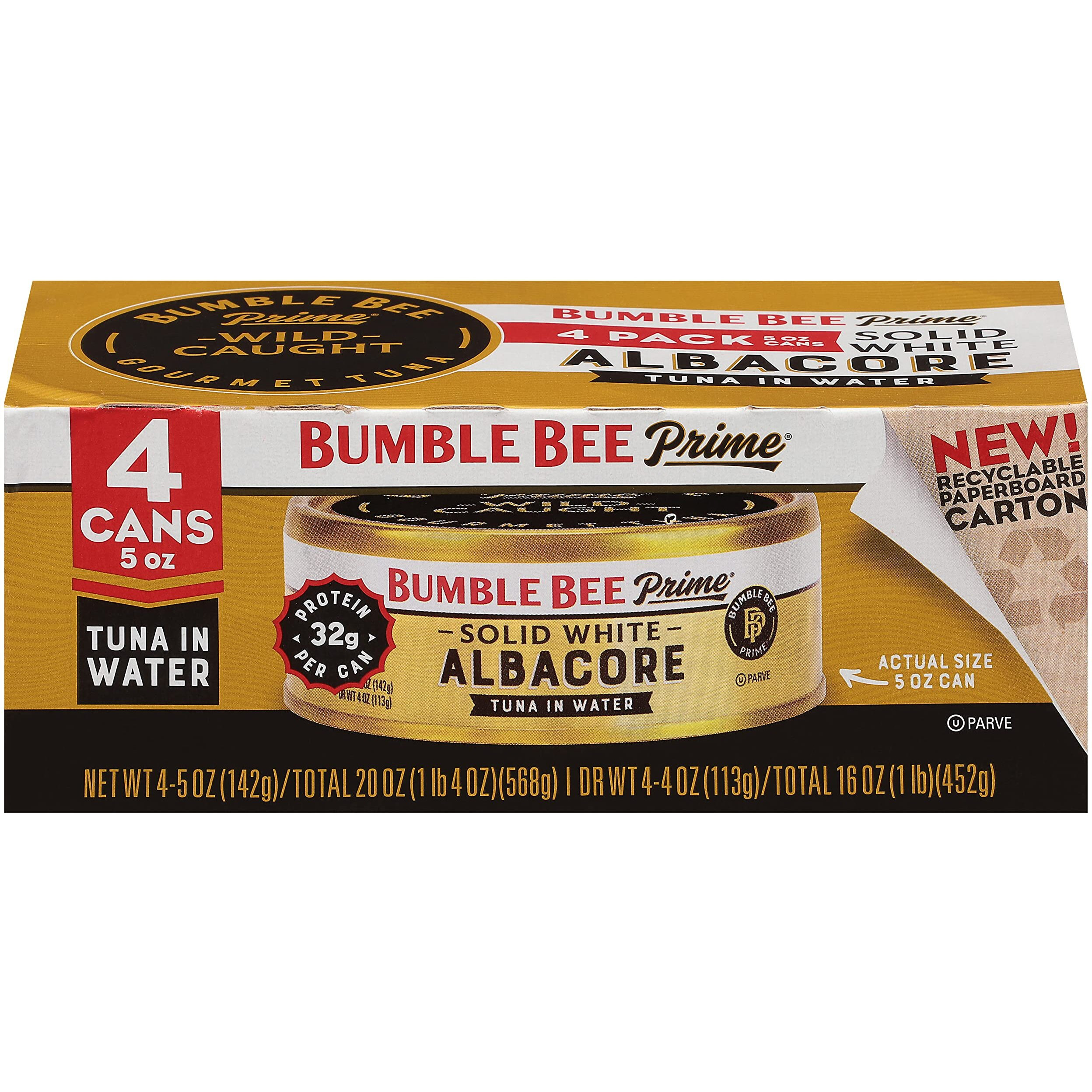 Bumble Bee Prime Solid White Albacore Tuna In Water, 5 Oz Cans (Pack Of 4) - Premium Wild Caught Tuna - 32G Protein Per Serving - Non-Gmo Project Verified, Gluten Free, Kosher