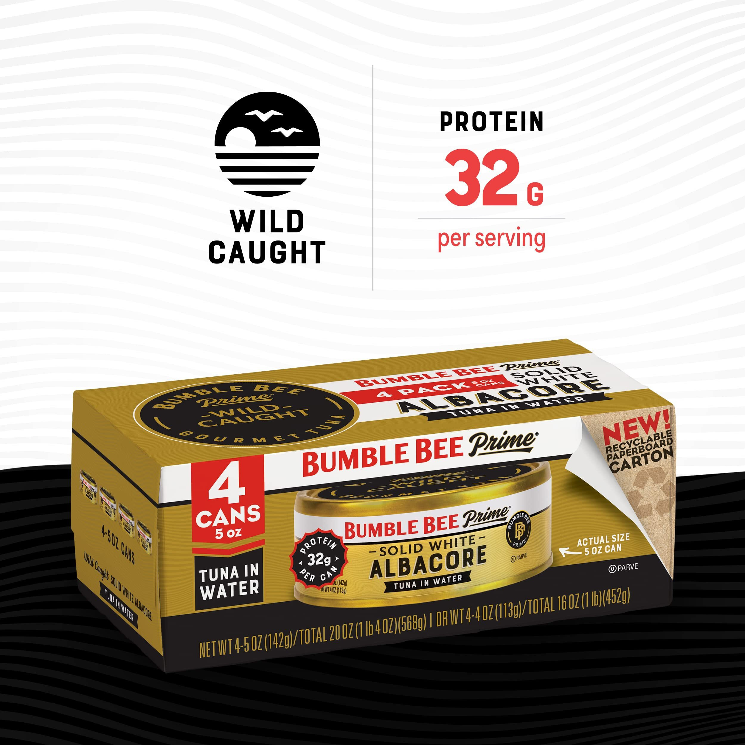 Bumble Bee Prime Solid White Albacore Tuna In Water, 5 Oz Cans (Pack Of 4) - Premium Wild Caught Tuna - 32G Protein Per Serving - Non-Gmo Project Verified, Gluten Free, Kosher