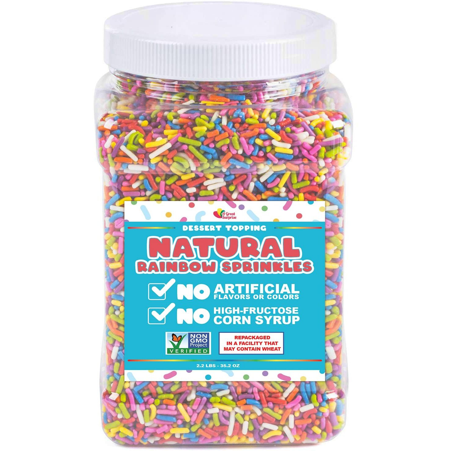 Dye Free Sprinkles - 2.2 Pounds - Rainbow Sprinkles For Ice Cream - Vegan, No Artificial Dyes - Bulk Sprinkles - Non-Gmo Cupcake Sprinkles