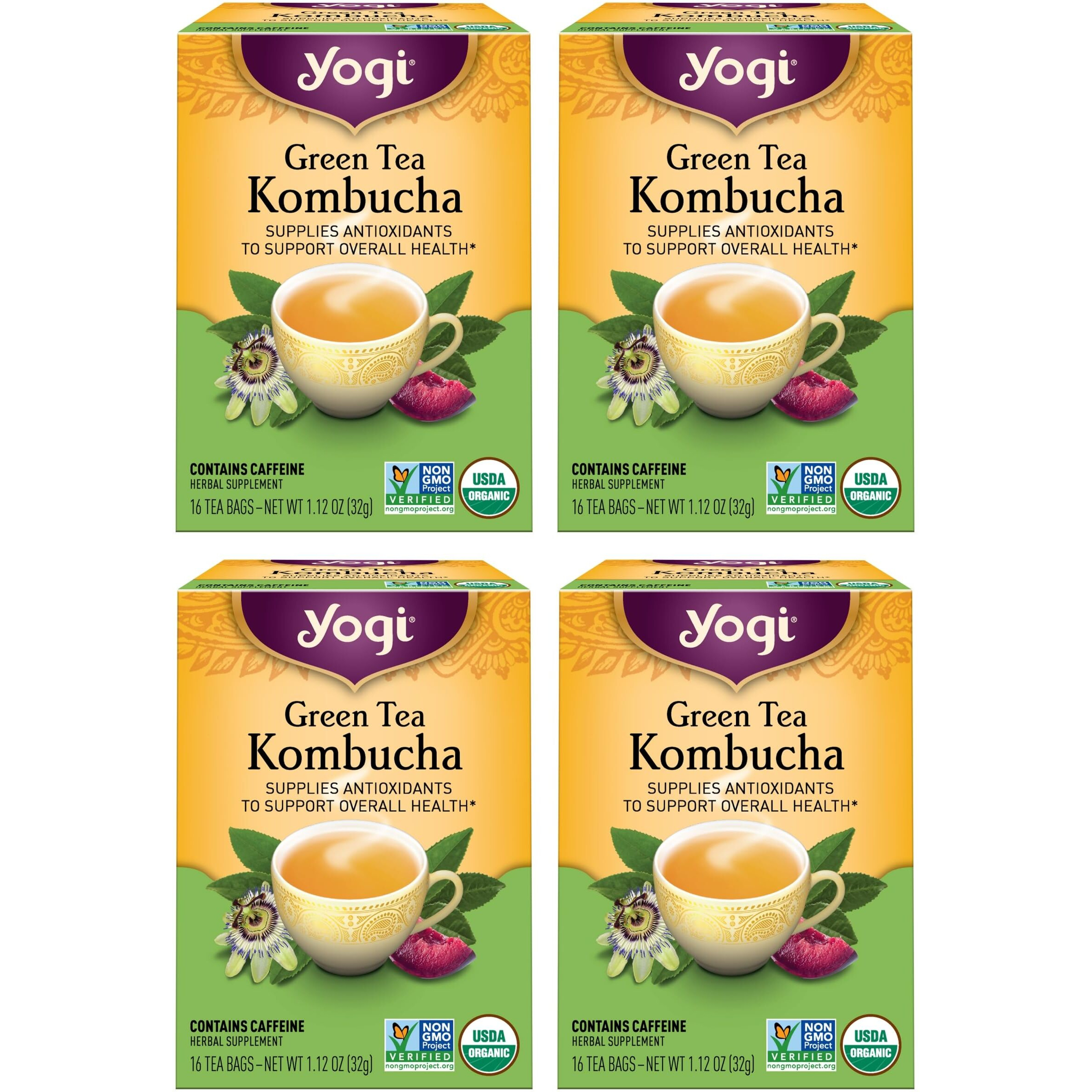 Yogi Tea Green Tea Kombucha Tea - 16 Tea Bags Per Pack (4 Packs) - Organic Green Tea With Kombucha To Support Overall Health - Includes Green Tea Leaf, Lemongrass, Spearmint Leaf & More