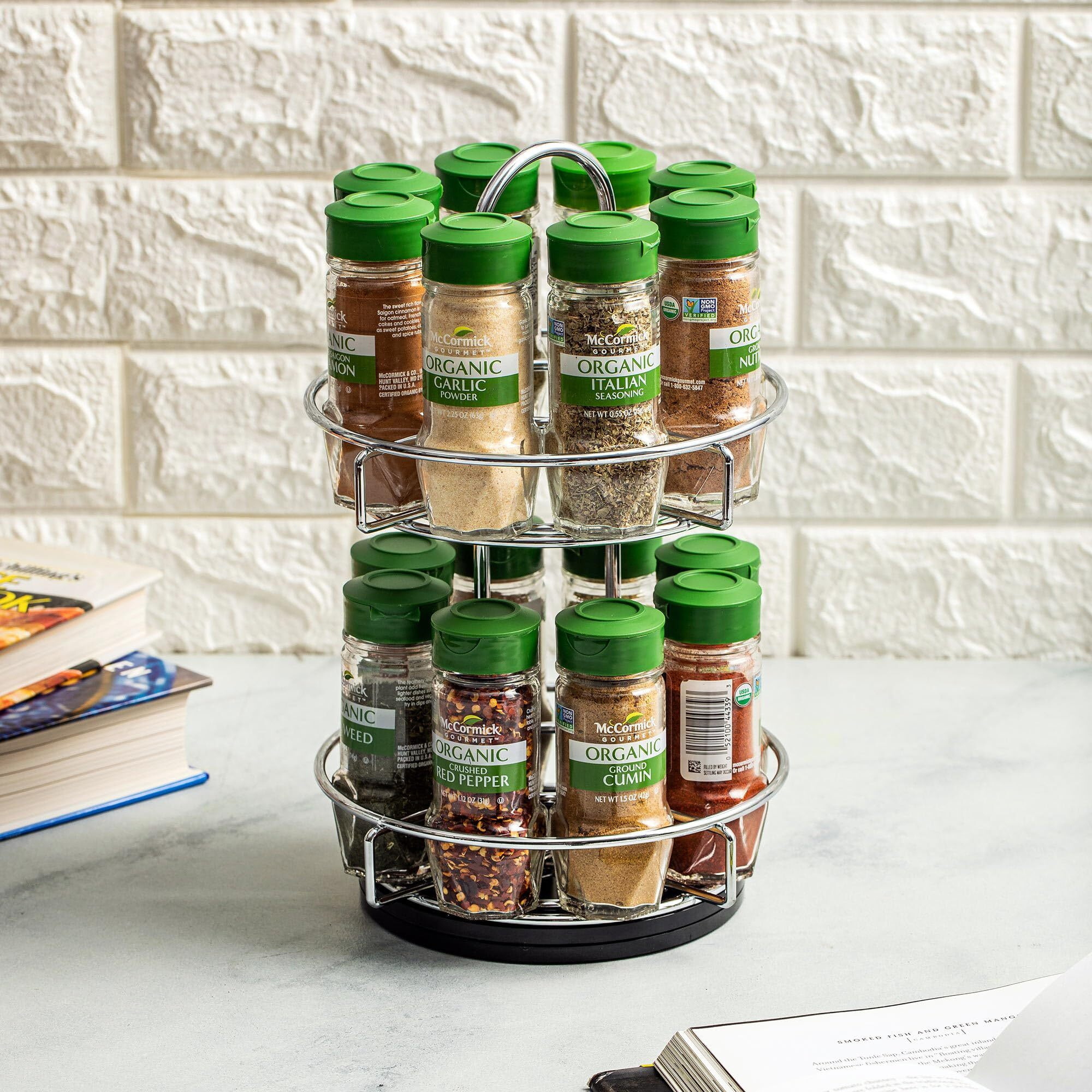 Mccormick Gourmet Two Tier Chrome 16 Piece Organic Spice Rack Organizer With Spices Included, 18.55 Oz