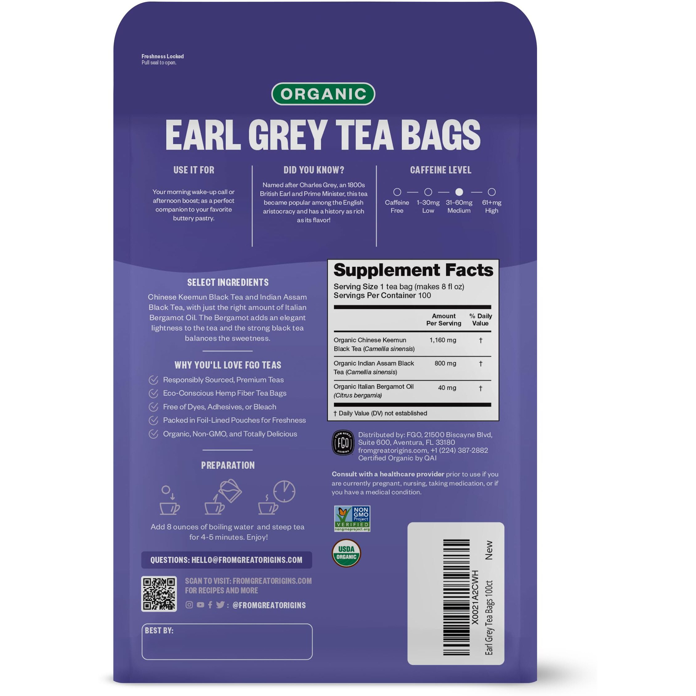 Fgo Organic Earl Grey Black Tea, Eco-Conscious Tea Bags, 100 Count, Packaging May Vary (Pack Of 1)