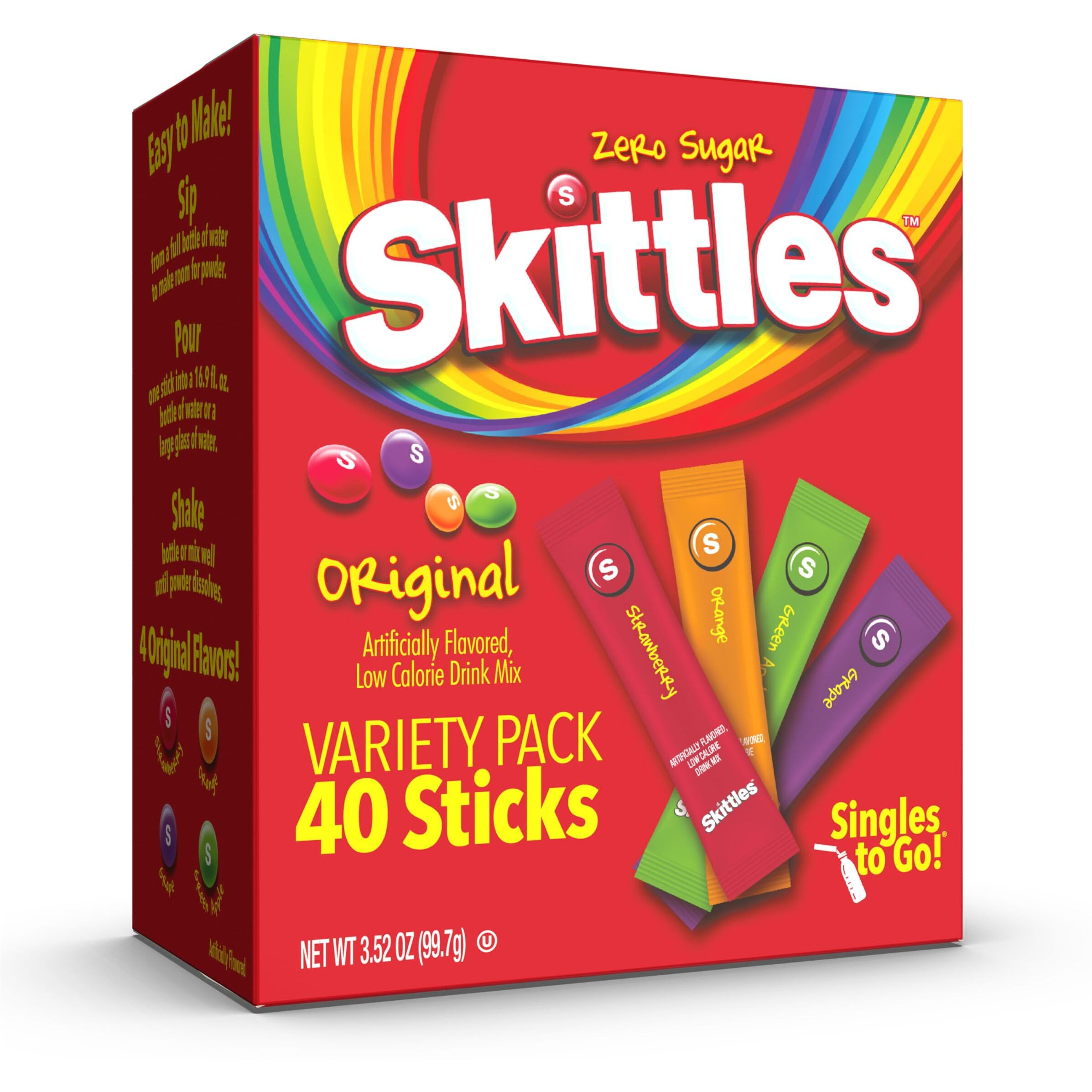 Skittles Singles To Go Variety Pack, Watertok Powdered Drink Mix, Zero Sugar, Low Calorie, Includes 4 Flavors Green Apple, Strawberry, Grape, Orange, 1 Box (40 Single Servings)