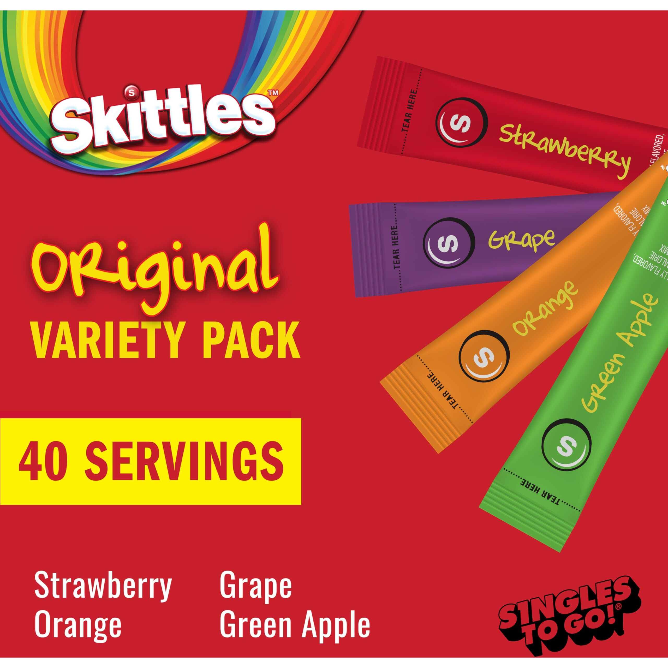 Skittles Singles To Go Variety Pack, Watertok Powdered Drink Mix, Zero Sugar, Low Calorie, Includes 4 Flavors Green Apple, Strawberry, Grape, Orange, 1 Box (40 Single Servings)