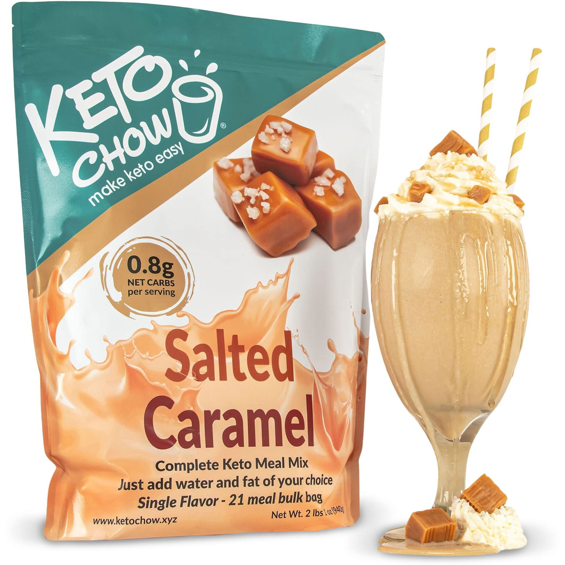 Keto Chow Salted Caramel | Keto Meal Replacement Shake | Nutritionally Complete | Low Carb | Delicious Easy Meal Substitute | You Choose The Fat | 21 Meal Bulk Pack