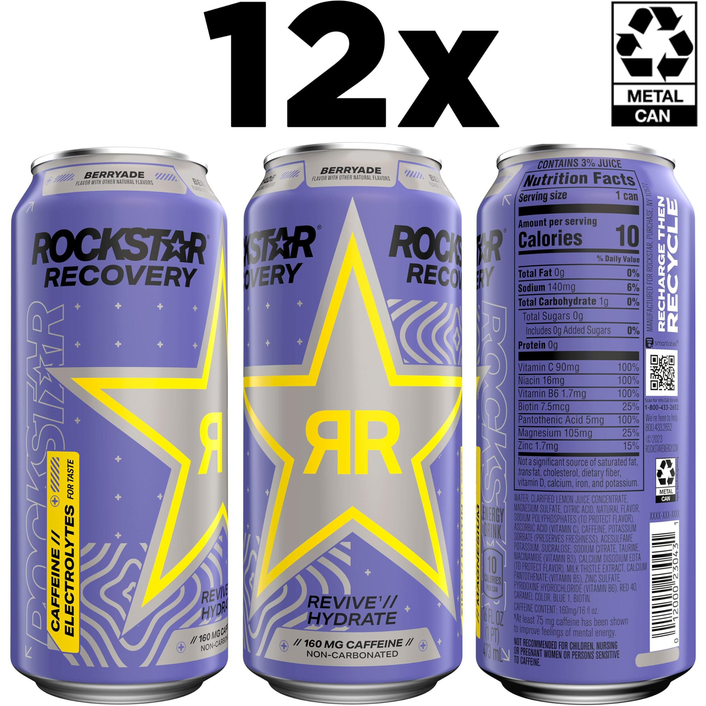Rockstar Recovery Non-Carbonated Energy Drink, Berryade, 16 Fl Oz Cans, (12 Pack), Hydration // Mind-Body Energy,160Mg Caffeine, B Vitamins, Electrolytes
