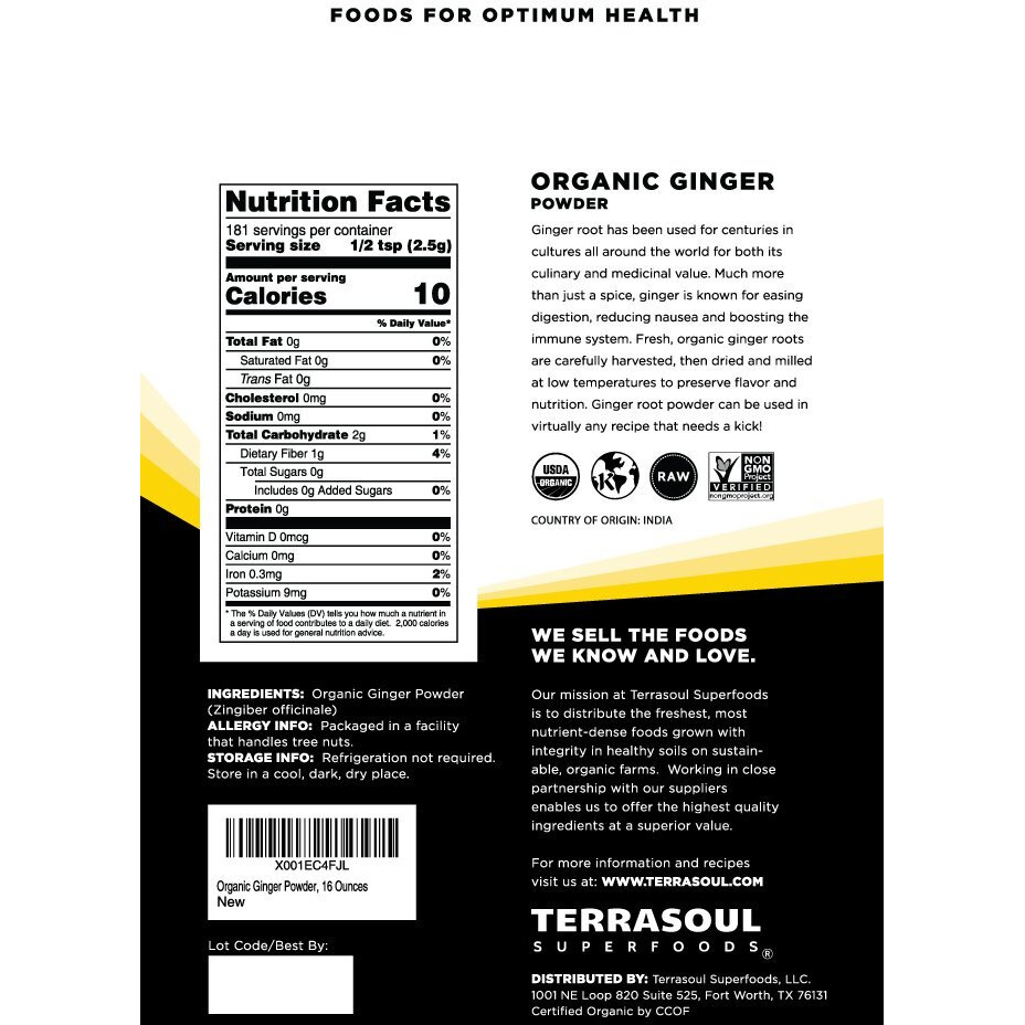 Terrasoul Superfoods Organic Ginger Powder, 1 Lb - Lab-Tested | Raw | Potent Spicy Flavor