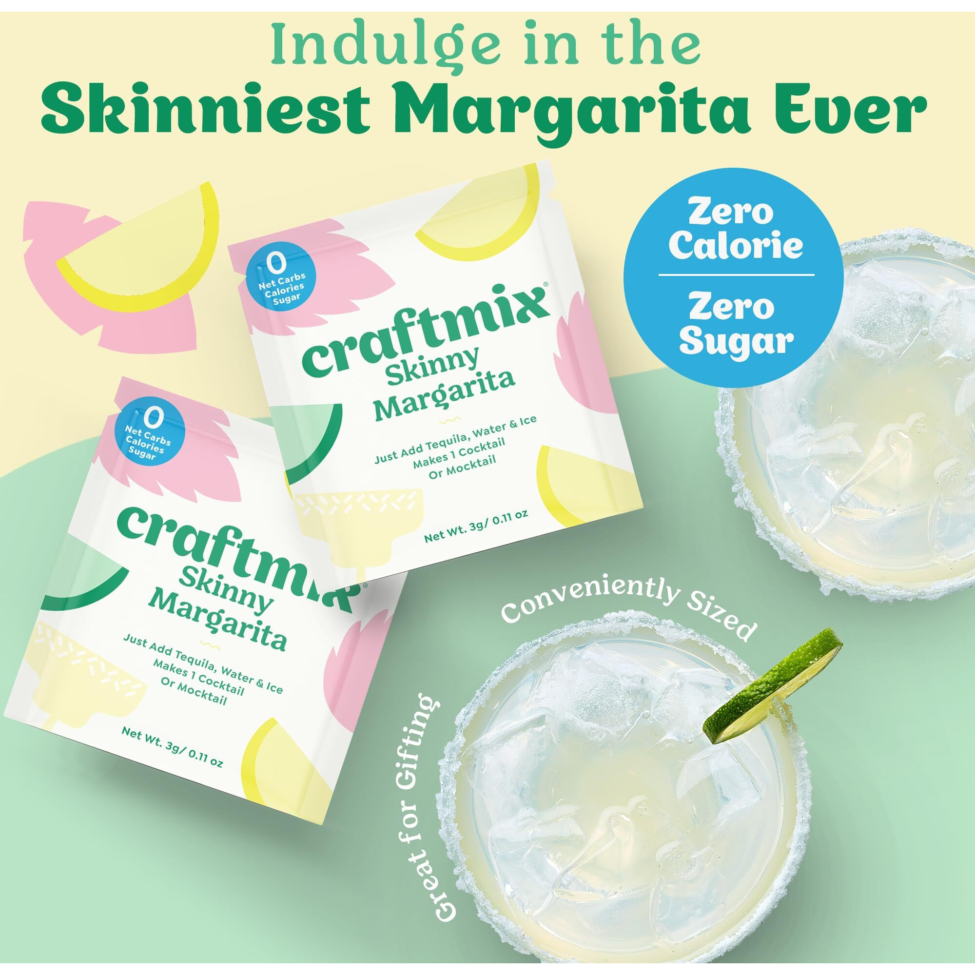 Craftmix Skinny Margarita Cocktail Mixers - Makes 12 Drinks - Zero Sugar, Zero Net Carbs, Zero Calories, All-Natural Mocktail Drink Mixers - Real Fruit - Vegan, Non-Gmo, Dairy Free, Gluten Free
