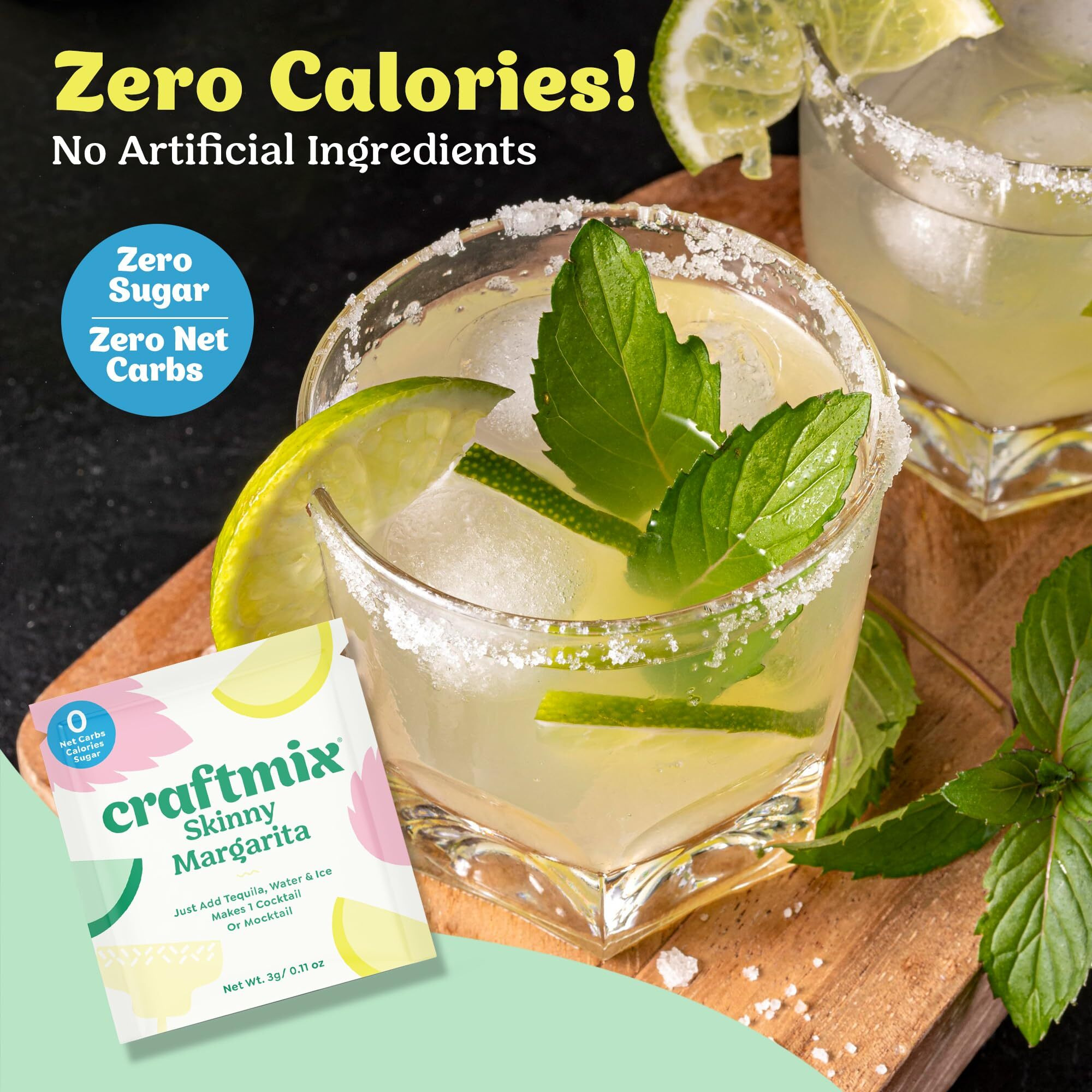 Craftmix Skinny Margarita Cocktail Mixers - Makes 12 Drinks - Zero Sugar, Zero Net Carbs, Zero Calories, All-Natural Mocktail Drink Mixers - Real Fruit - Vegan, Non-Gmo, Dairy Free, Gluten Free
