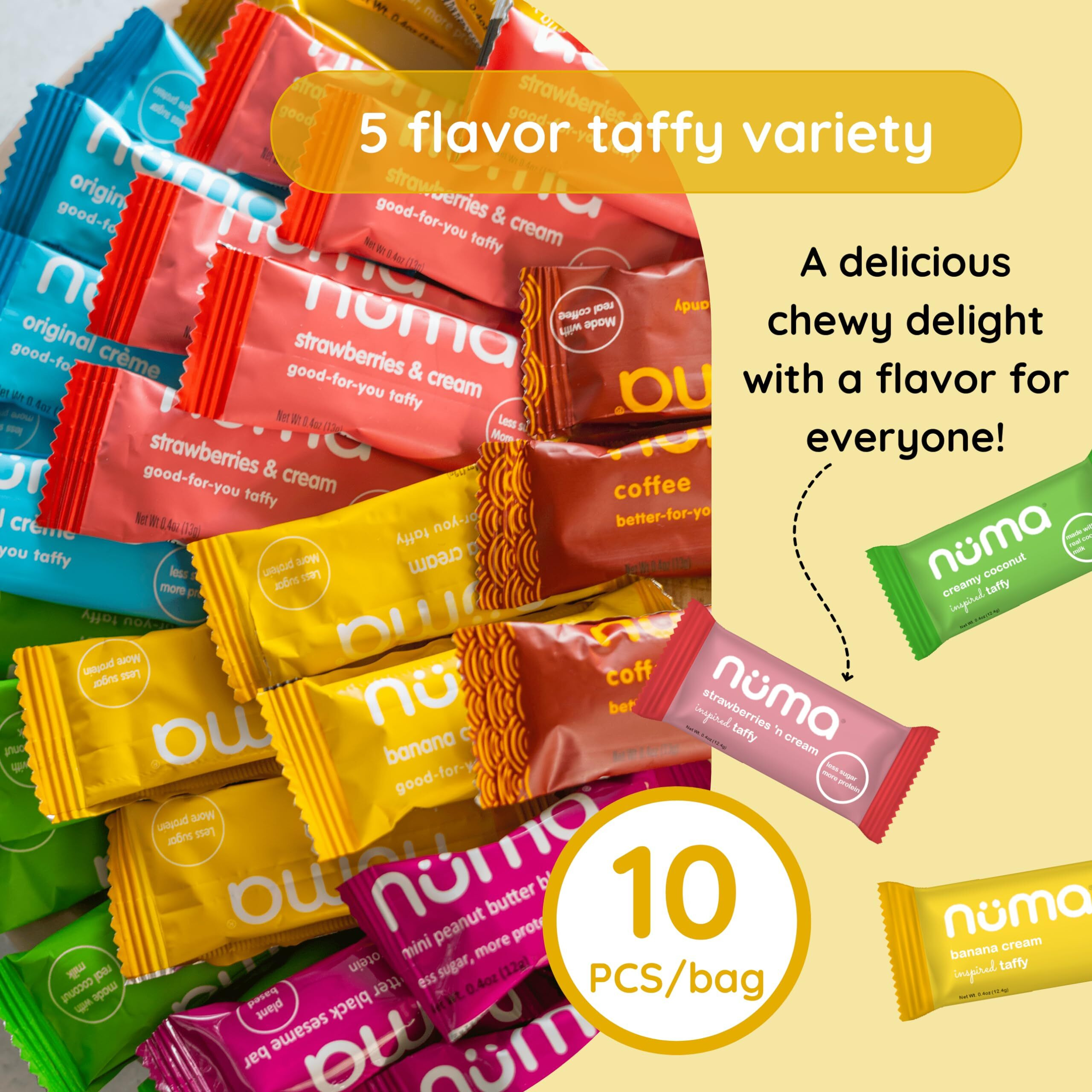 Numa Foods Healthy Chewy & Creamy Candy Variety Pack - Low Sugar, All-Natural, Gluten Free, High Protein - 5 Bags Of 8 Individually Wrapped Chews Each Of Vanilla, Banana, Strawberry, Coconut, Coffee