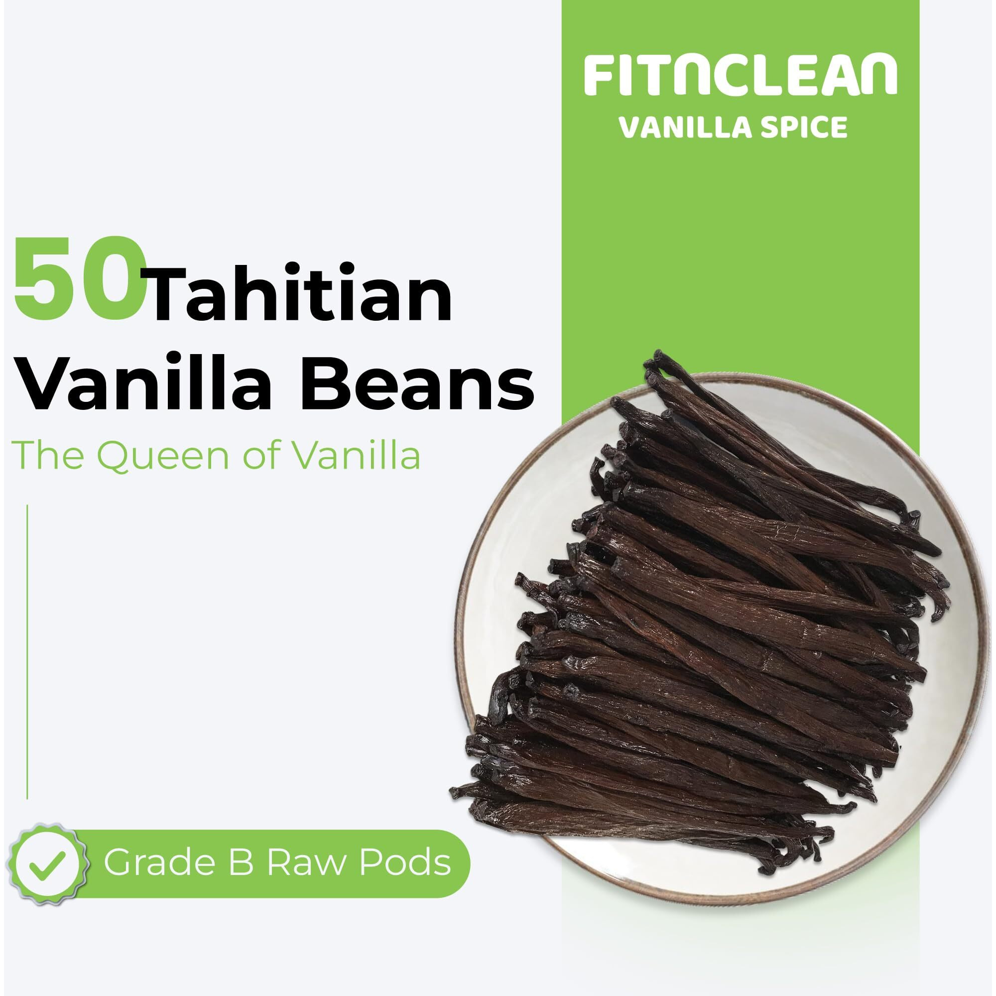 50 Tahitian Vanilla Beans Grade B For Extract, Cooking And Baking By Fitnclean Vanilla| Fresh 5""-6"" Non-Gmo Whole Natural Raw Pods
