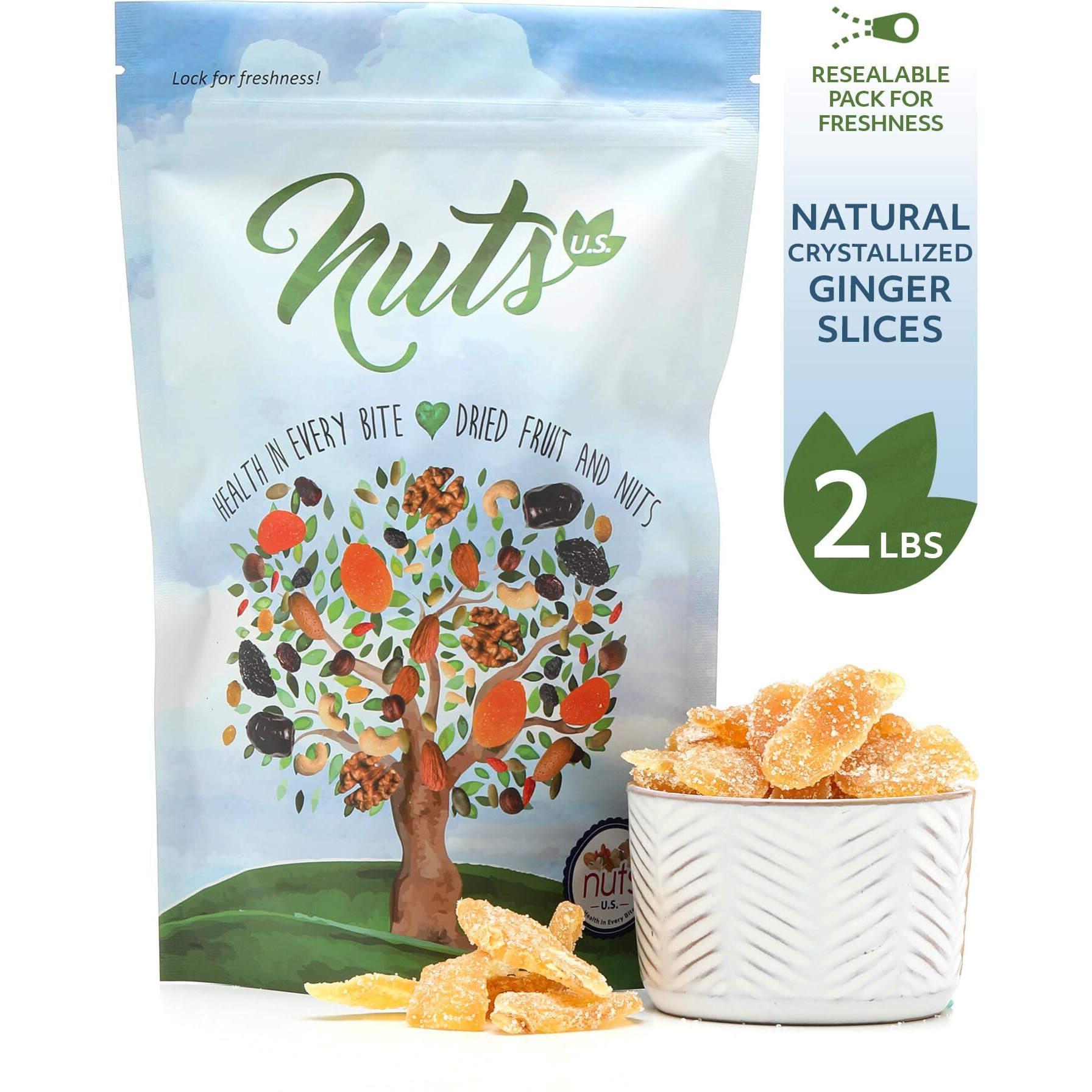 Nuts U.S. - Dried Crystallized Ginger Slices | All Natural And Non Gmo | No Artificial Colors Or Ingredients | Sugar Coated Chewy Flavor | Packed In Resealable Bag (Unsulfured 2 Lbs)