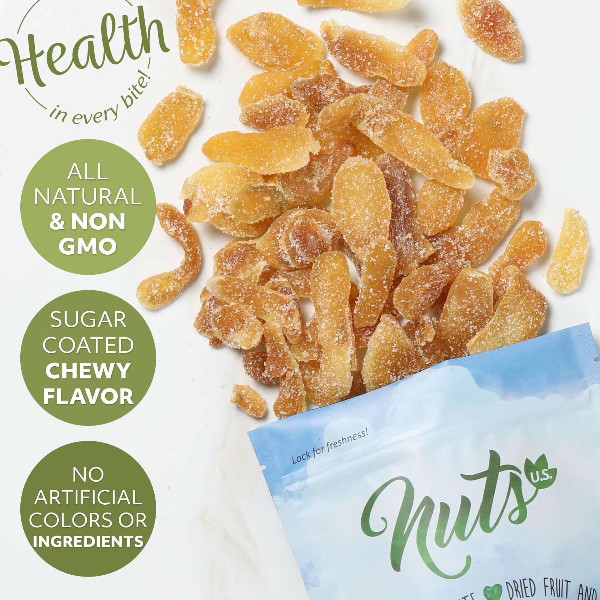 Nuts U.S. - Dried Crystallized Ginger Slices | All Natural And Non Gmo | No Artificial Colors Or Ingredients | Sugar Coated Chewy Flavor | Packed In Resealable Bag (Unsulfured 2 Lbs)