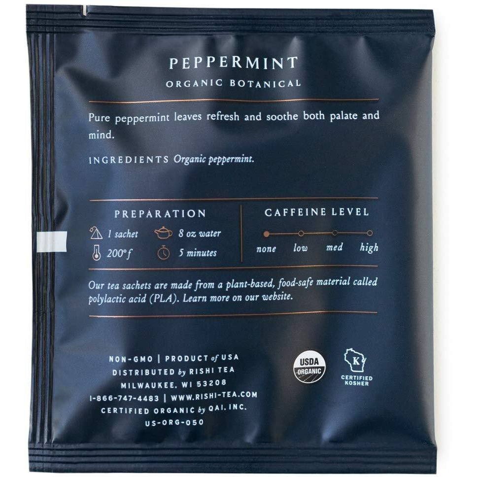 Rishi Tea Peppermint Herbal Tea - Usda Organic Direct Trade Sachet Tea Bags, Certified Kosher, Caffeine Free Calming Sweet & Cooling Pure Peppermint Leaves - 50 Count (Pack Of 1)
