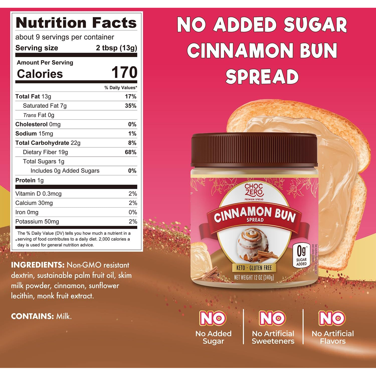 Choczero Cinnamon Bun Spread, No Added Sugar, Perfect For Breakfast And Desserts, All Natural And Creamy (1 Jar, 12 Oz)