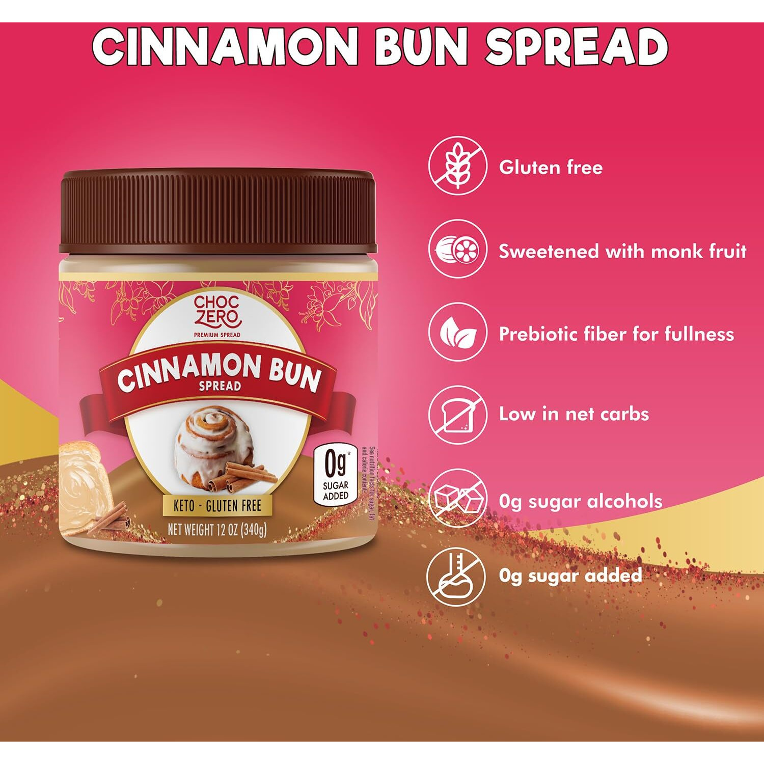 Choczero Cinnamon Bun Spread, No Added Sugar, Perfect For Breakfast And Desserts, All Natural And Creamy (1 Jar, 12 Oz)