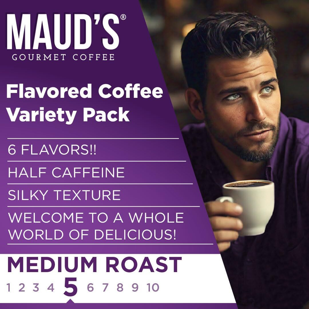 Maud's Half Caff Coffee Pods Variety Pack, 48 Ct | 6 Assorted Coffee Flavors | 100% Arabica Roasted Coffee | Solar Energy Produced Recyclable Pods Compatible With Keurig K Cups Maker