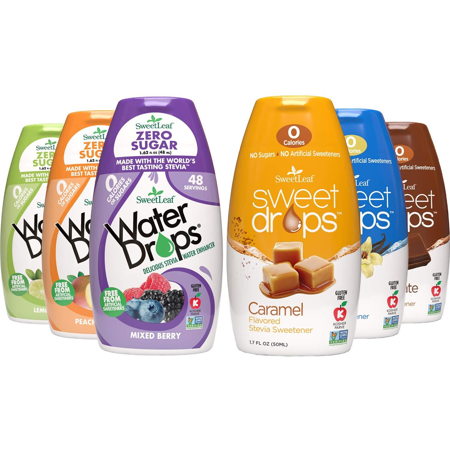 Sweetleaf Stevia Liquid Variety 6-Pack - Caramel, Chocolate, Vanilla Sweet Drops, 1.7 Oz Ea + Peach Mango, Lemon Lime & Mixed Berry Water Drops, 1.62 Oz Ea