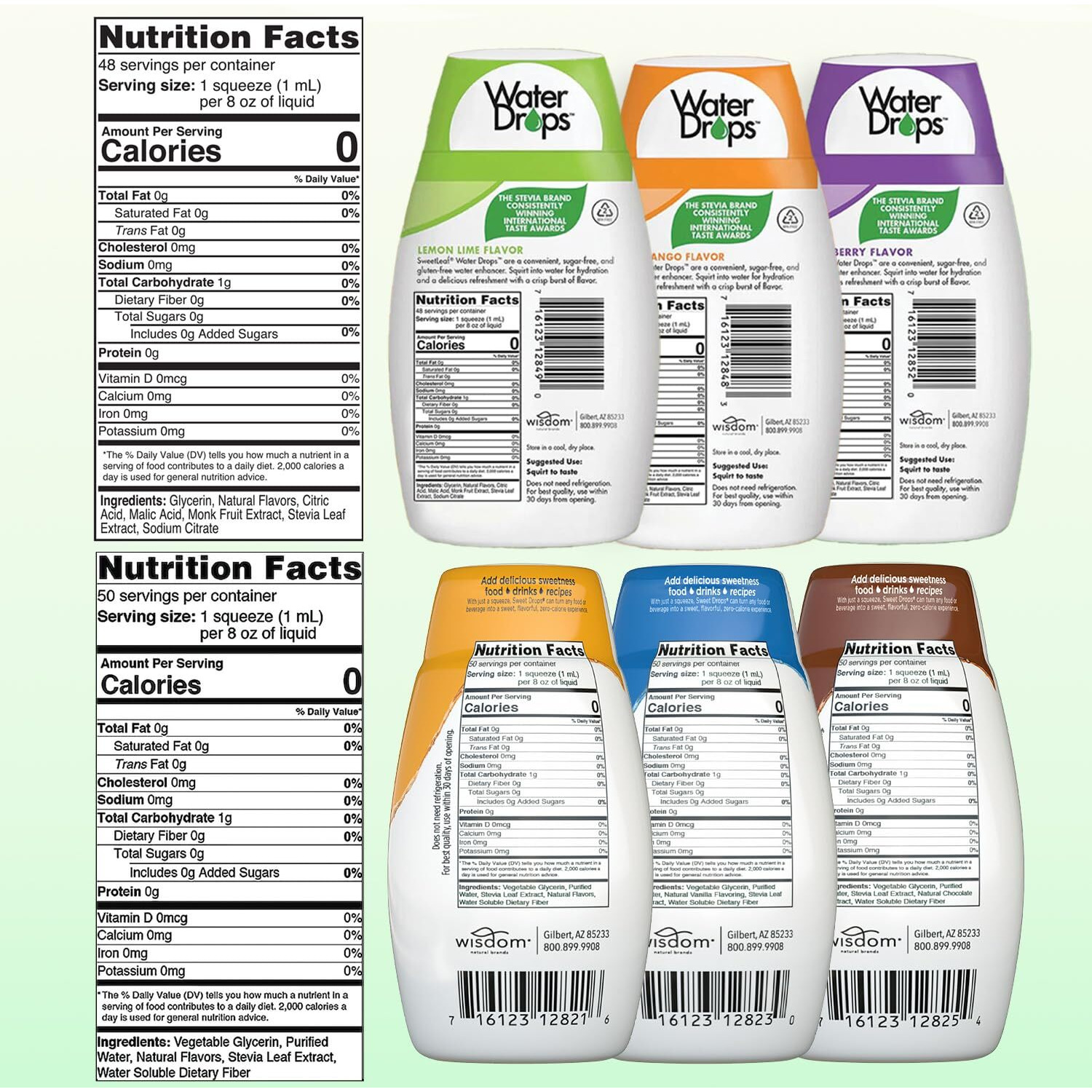 Sweetleaf Stevia Liquid Variety 6-Pack - Caramel, Chocolate, Vanilla Sweet Drops, 1.7 Oz Ea + Peach Mango, Lemon Lime & Mixed Berry Water Drops, 1.62 Oz Ea