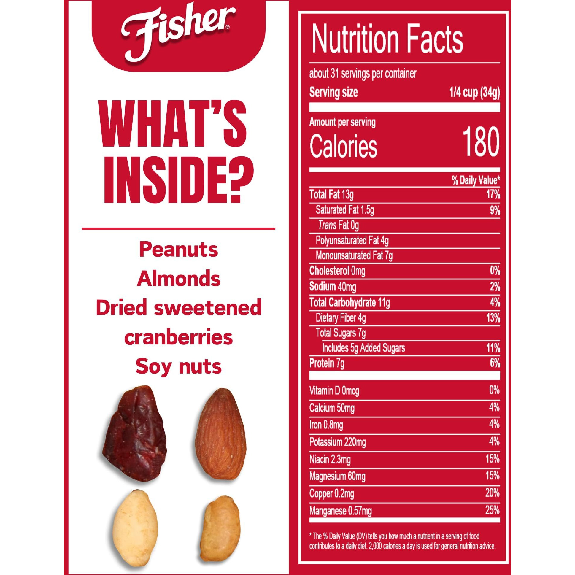 Fisher Snack Hunger Fighter Trail Mix, 38 Ounces, Peanuts, Almonds, Dried Sweetened Cranberries, Soy Nuts