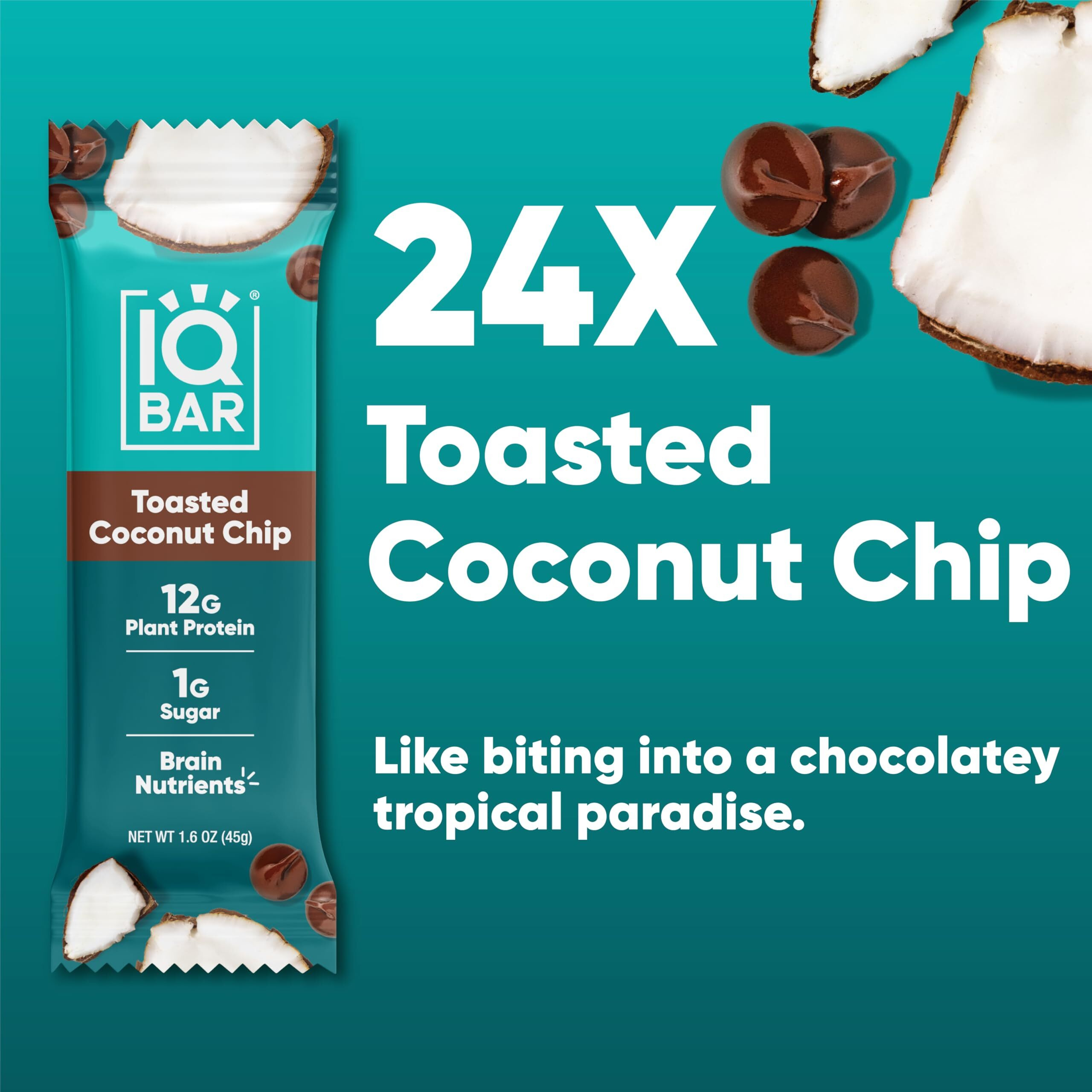 Iqbar Brain And Body Plant Protein Bars - Toasted Coconut Chip - 24 Count, Low Carb, High Fiber, Gluten Free, Vegan Snacks - Low Sugar Keto Energy Bar