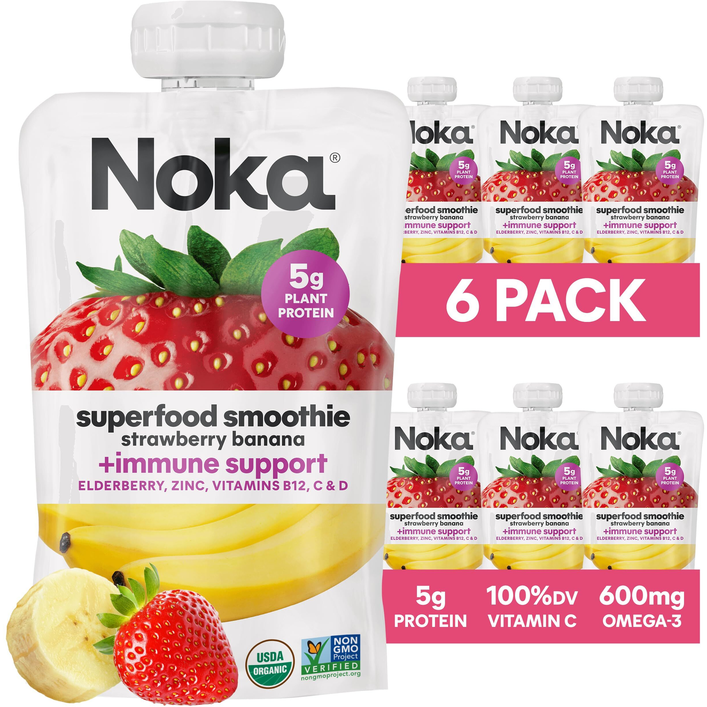 Noka Superfood Fruit Smoothie Pouches, Strawberry Banana With Immune Support, Healthy Snacks With Elderberry, Flax Seed, Plant Protein, And Prebiotic Fiber, Gluten Free And Vegan, 4.22 Oz, 6 Count