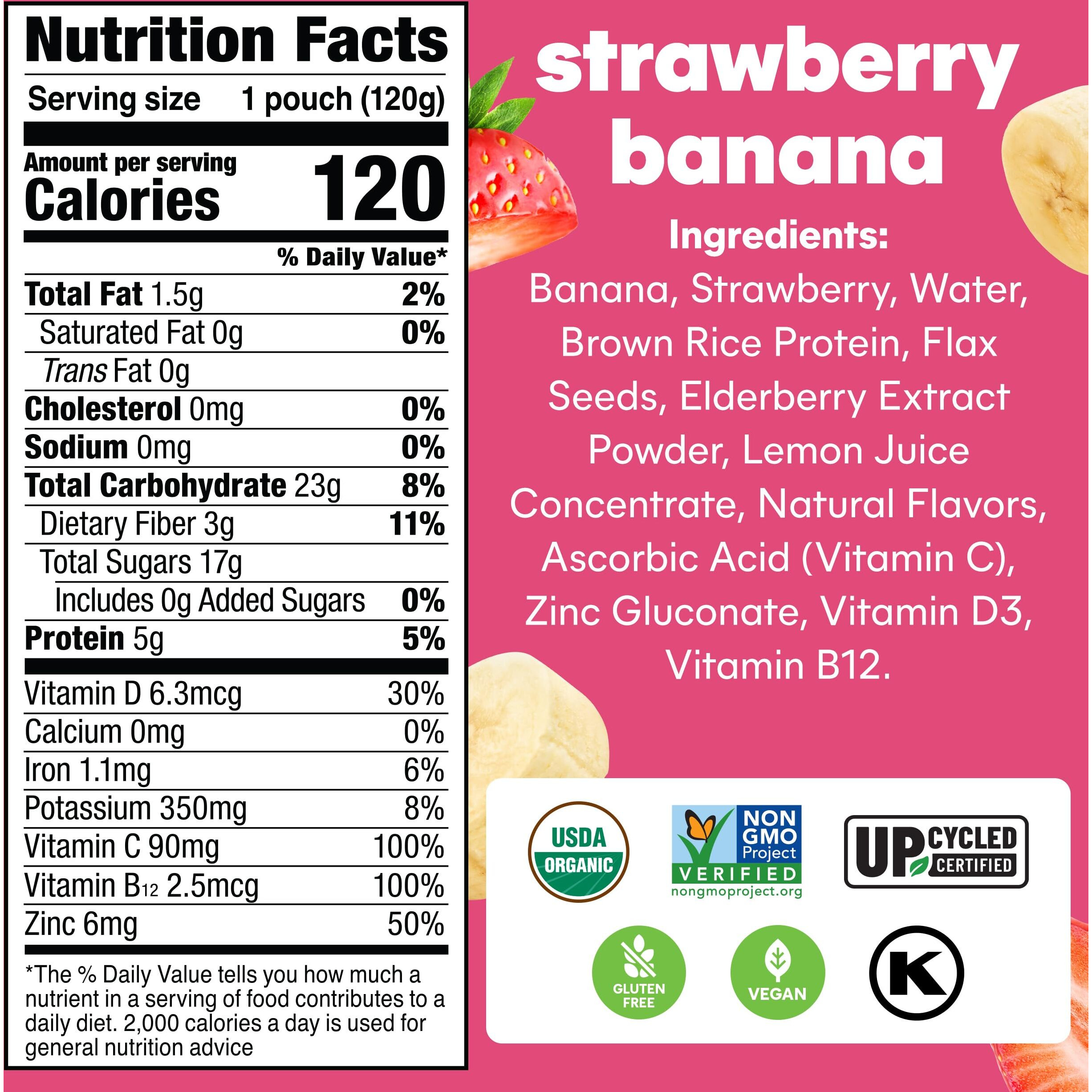 Noka Superfood Fruit Smoothie Pouches, Strawberry Banana With Immune Support, Healthy Snacks With Elderberry, Flax Seed, Plant Protein, And Prebiotic Fiber, Gluten Free And Vegan, 4.22 Oz, 6 Count
