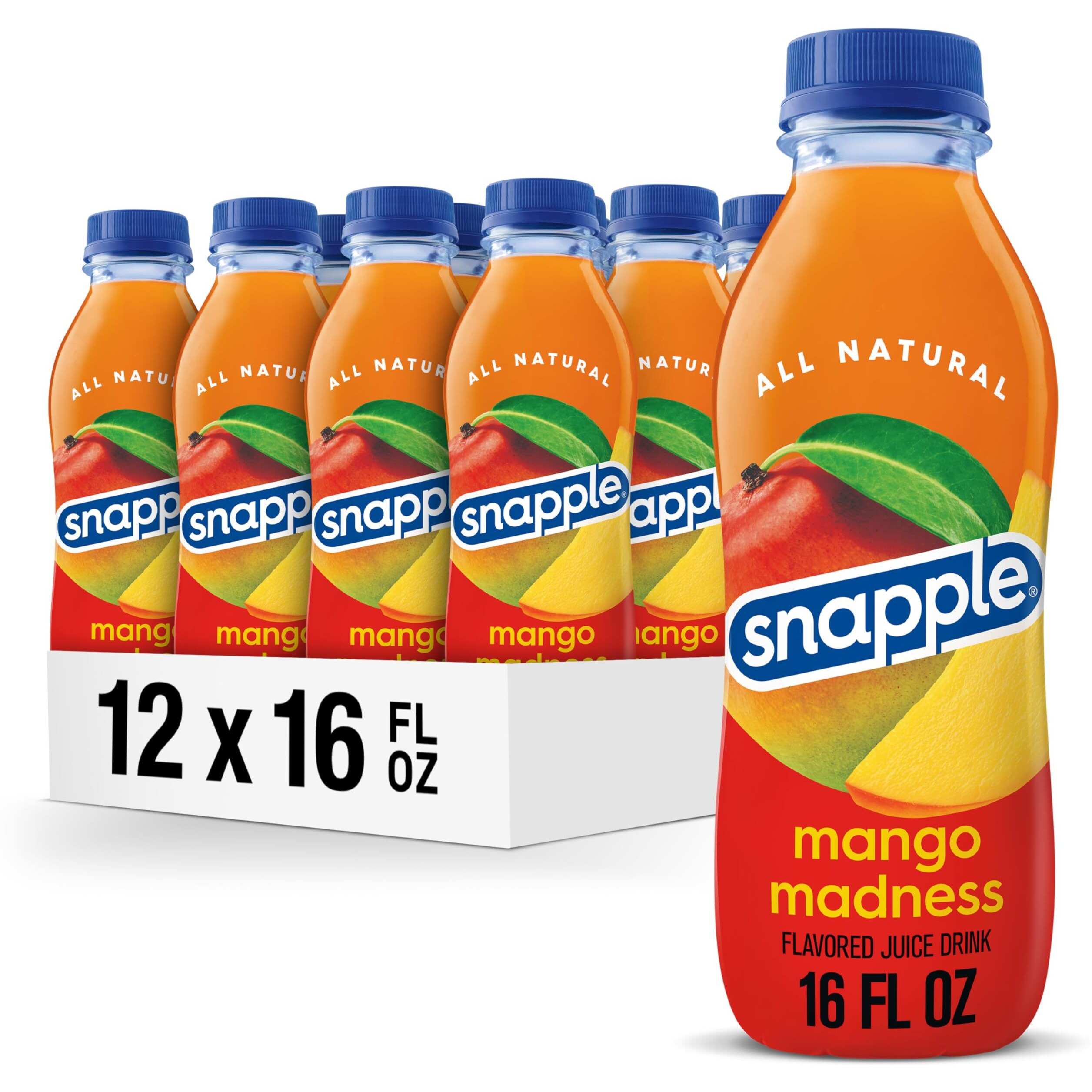 Snapple Mango Madness Flavored Juice Drink, 16 Fl Oz Recycled Plastic Bottle, Pack Of 12