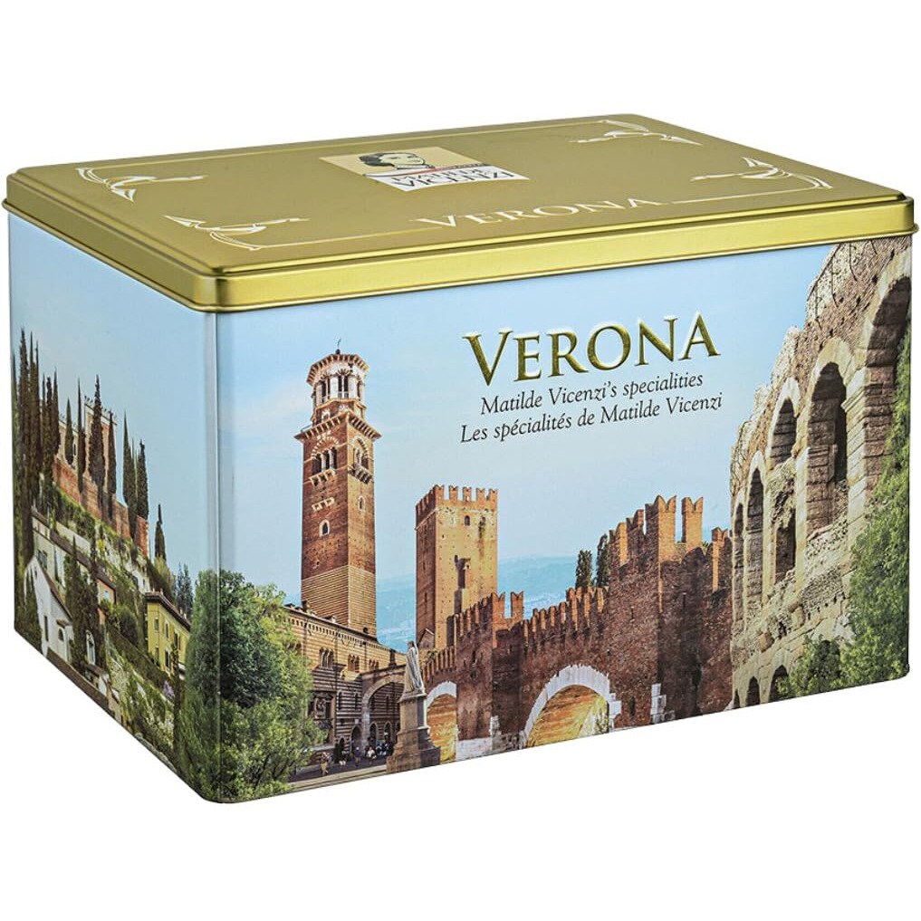 Matilde Vicenzi Verona Cookie Tin - Holiday, Christmas, Hanukkah Gift Tin Box - Italian Gourmet Cookies Assortment - 4 Patisseries, 32 Oz
