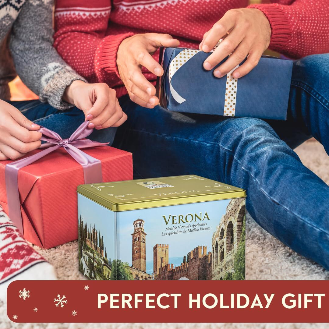 Matilde Vicenzi Verona Cookie Tin - Holiday, Christmas, Hanukkah Gift Tin Box - Italian Gourmet Cookies Assortment - 4 Patisseries, 32 Oz