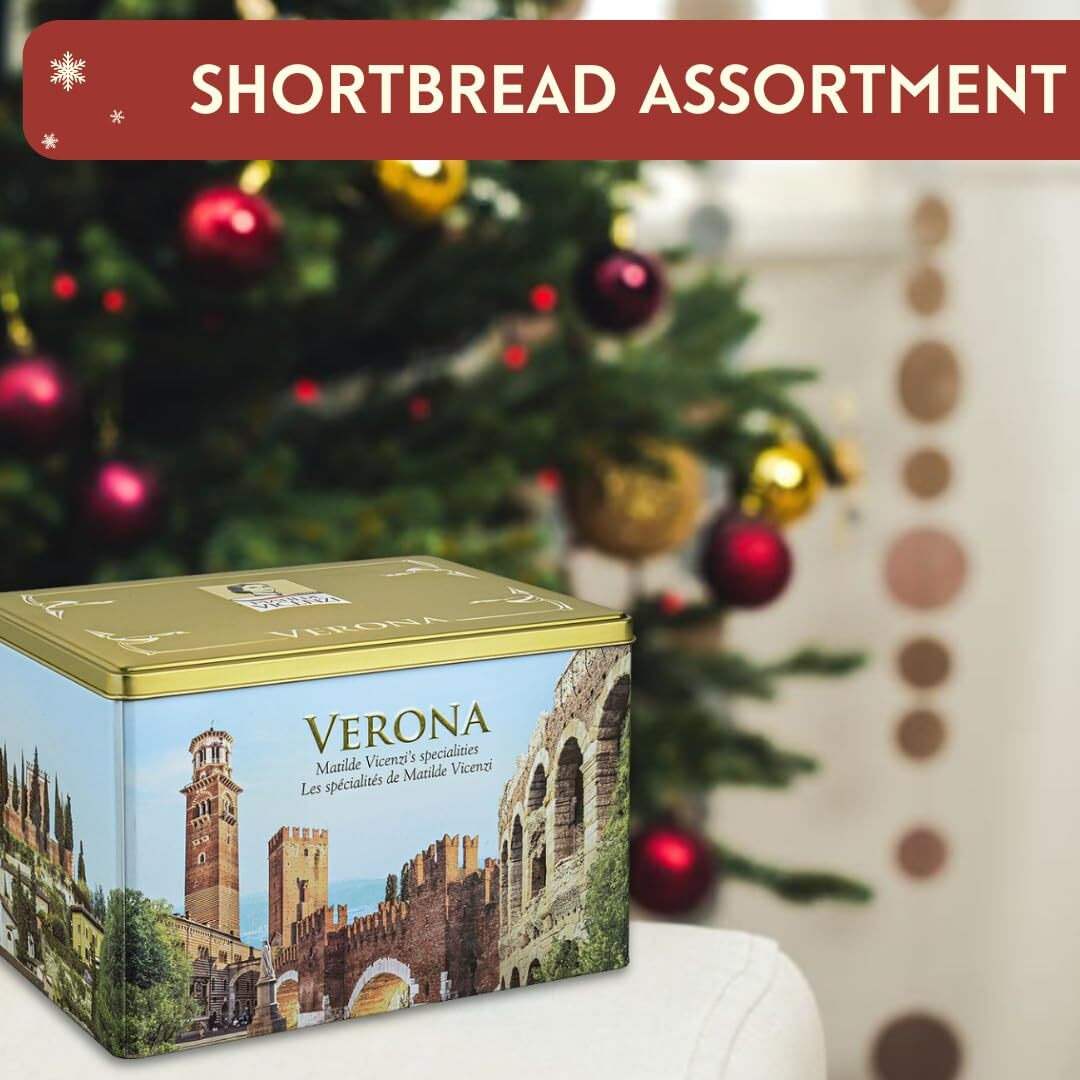 Matilde Vicenzi Verona Cookie Tin - Holiday, Christmas, Hanukkah Gift Tin Box - Italian Gourmet Cookies Assortment - 4 Patisseries, 32 Oz