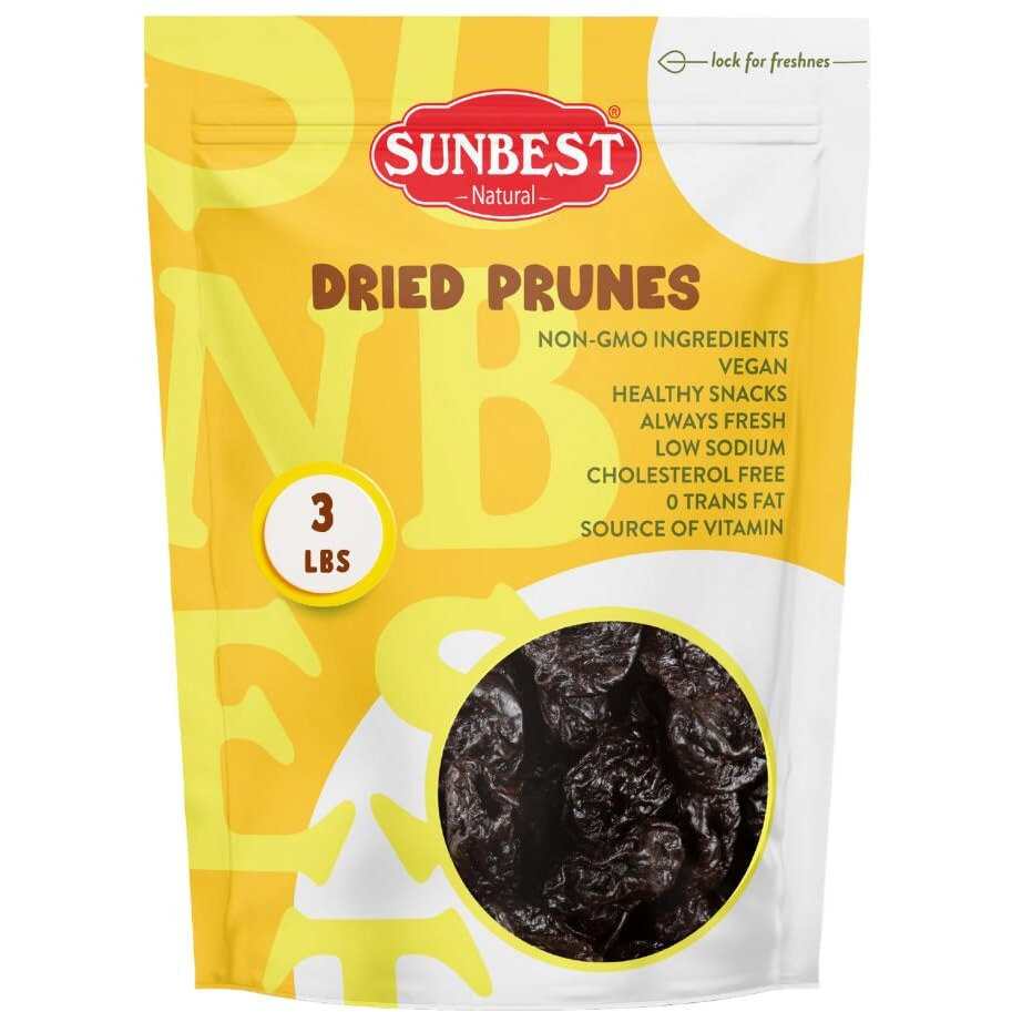 Sunbest Natural Jumbo Pitted Prunes 48Oz (3Lb) 1 Pack - Tender, Succulent, Nutrient, Rich Snack - Fiber & Antioxidants Source - Kosher Certified - Ideal For Snacking & Cooking - Long Lasting Freshness