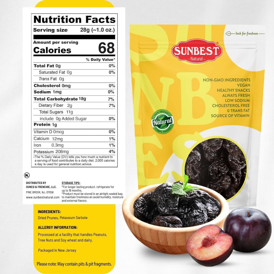 Sunbest Natural Jumbo Pitted Prunes 48Oz (3Lb) 1 Pack - Tender, Succulent, Nutrient, Rich Snack - Fiber & Antioxidants Source - Kosher Certified - Ideal For Snacking & Cooking - Long Lasting Freshness