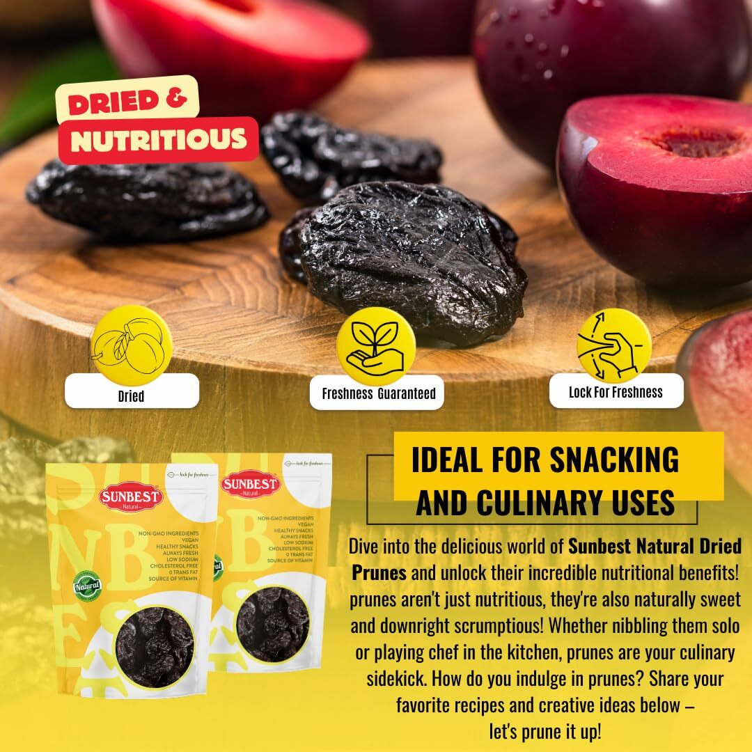 Sunbest Natural Jumbo Pitted Prunes 48Oz (3Lb) 1 Pack - Tender, Succulent, Nutrient, Rich Snack - Fiber & Antioxidants Source - Kosher Certified - Ideal For Snacking & Cooking - Long Lasting Freshness