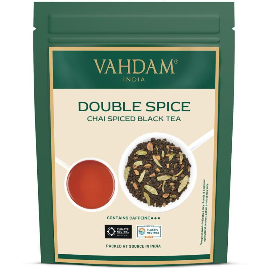 Vahdam, Double Spice Masala Chai Tea (100 Cups, 7Oz) Strong, Robust & Spicy - Pure Ingredients -Blend Of Black Tea, Cardamom, Cinnamon, Cloves & Black Pepper - Brew Chai Latte