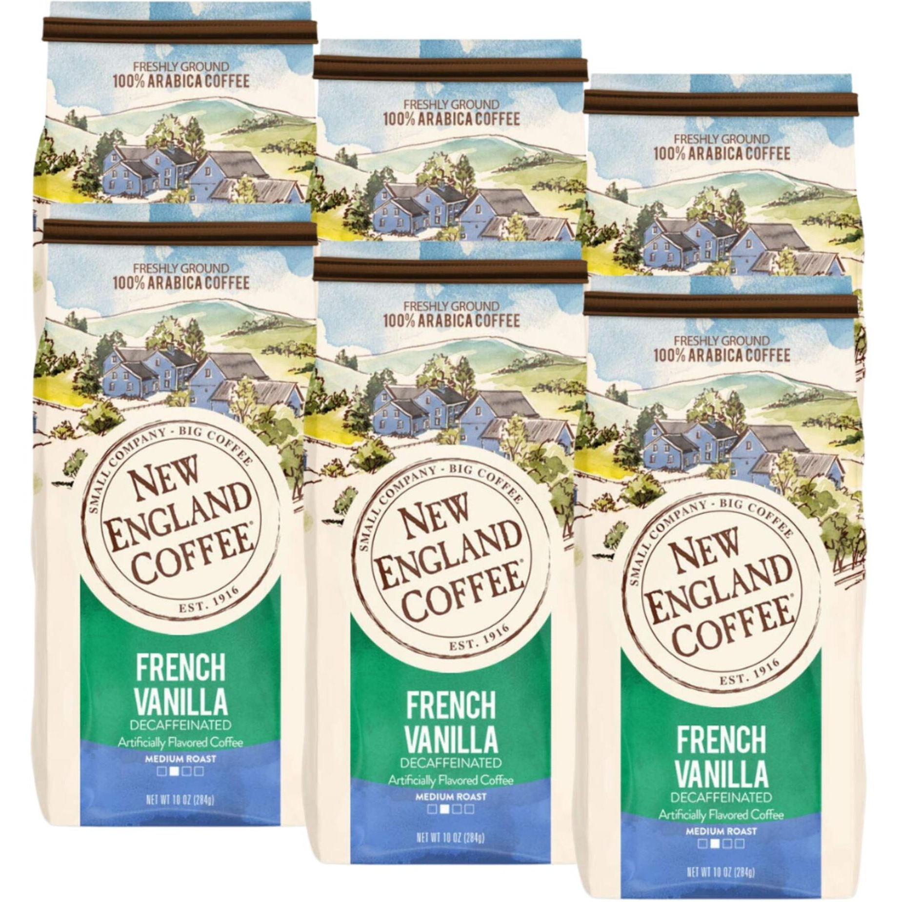 New England Coffee French Vanilla Decaffeinated Medium Roast Ground Coffee, 10Oz Bag (Pack Of 6)