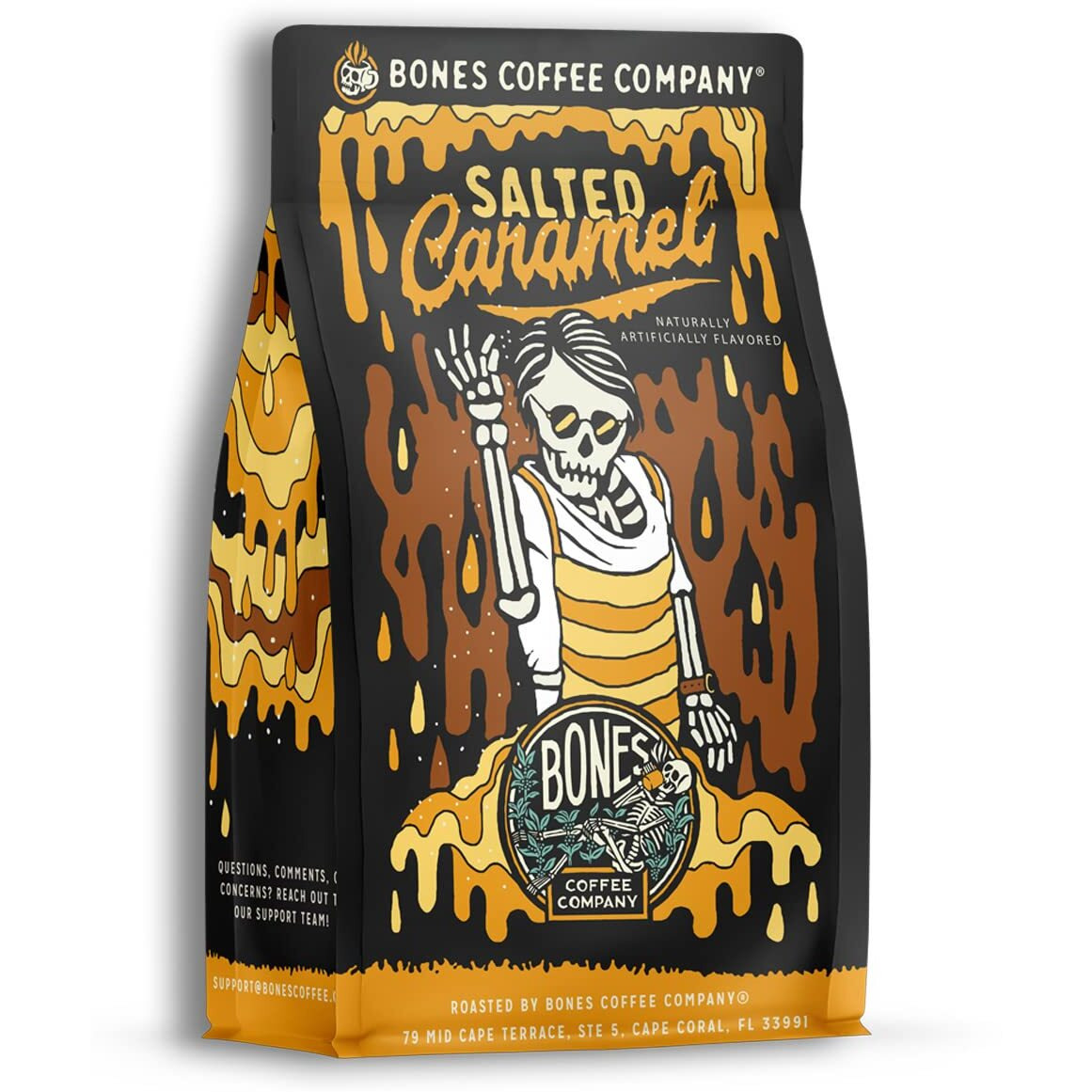 Bones Coffee Company Salted Caramel Ground Coffee Beans, Low Acid Flavored Coffee Made With Arabica Coffee Beans, Medium Roast Coffee, Coffee Lover Gift Ideas (12 Oz)