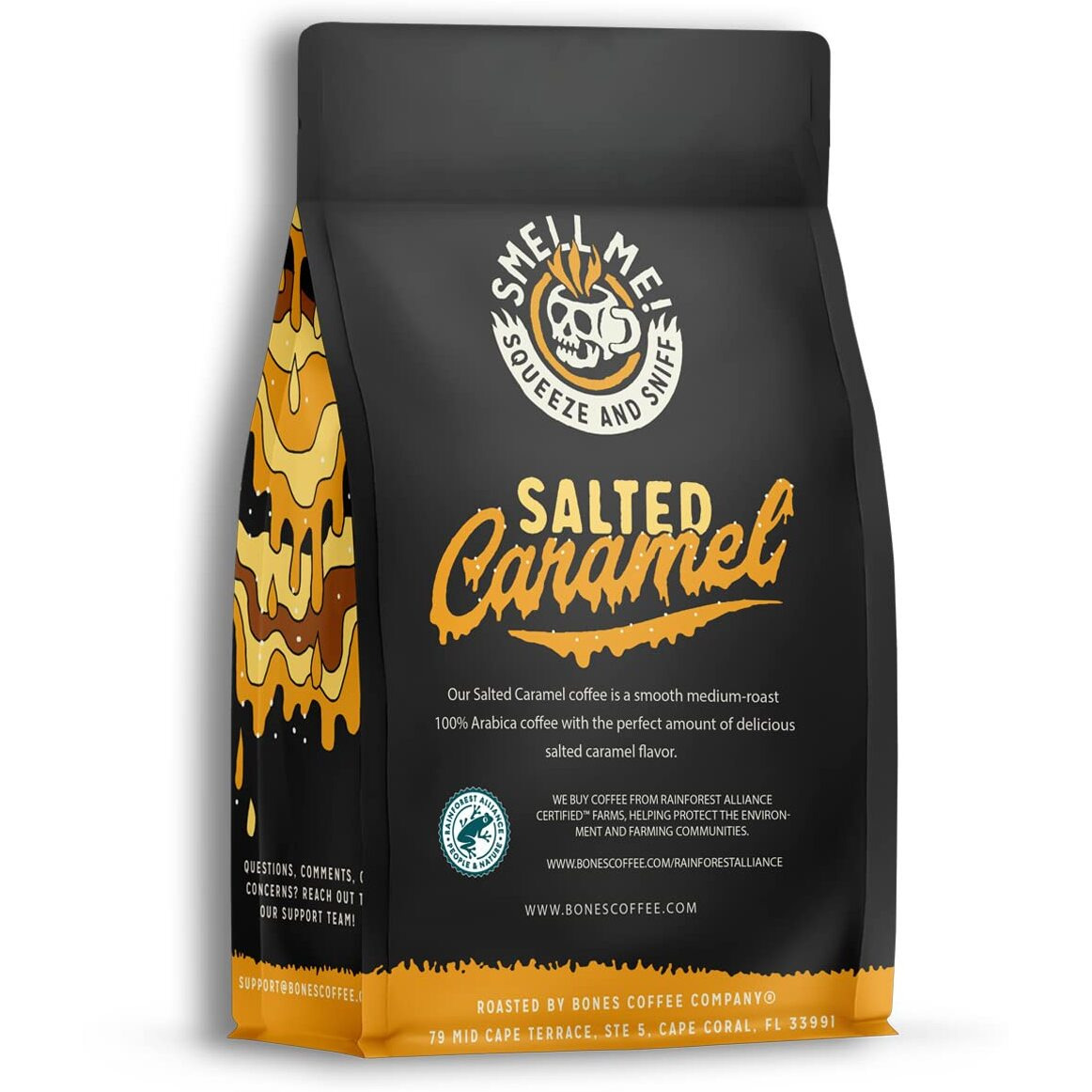 Bones Coffee Company Salted Caramel Ground Coffee Beans, Low Acid Flavored Coffee Made With Arabica Coffee Beans, Medium Roast Coffee, Coffee Lover Gift Ideas (12 Oz)