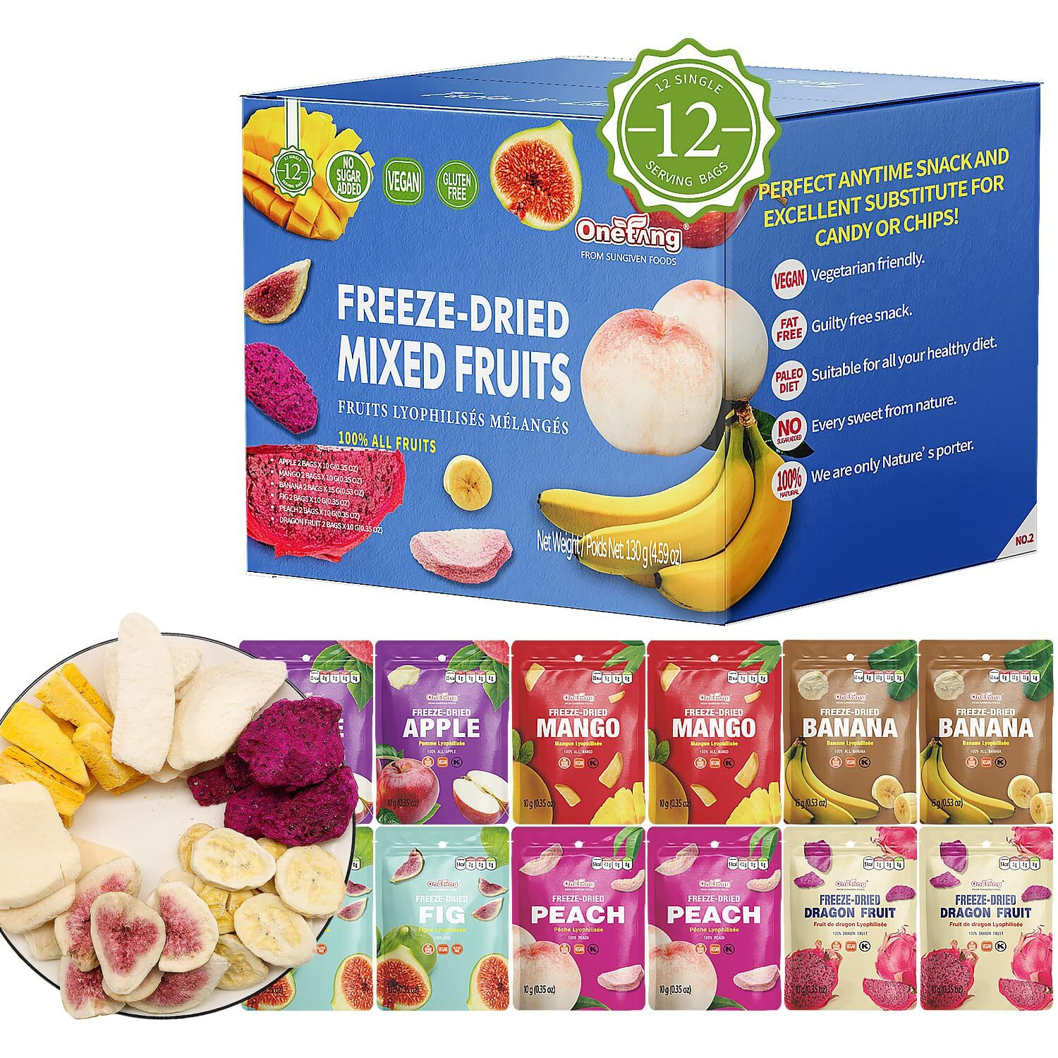 Onetang Freeze-Dried Mixed Fruit, 12 Pack Single-Serve Pack, Non Gmo, Kosher, No Add Sugar, Gluten Free, Vegan, Holiday Gifts, Healthy Snack 0.35 Ounce
