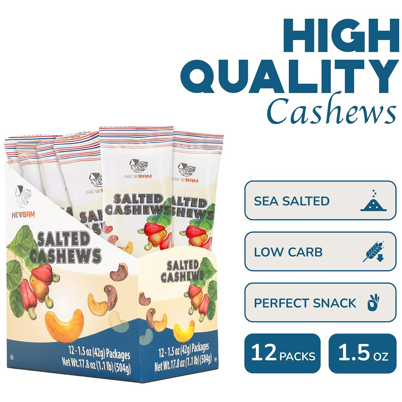 Newbam Lightly Salted Cashews Snack - 12 Nuts Individual Packs (1.5Oz Each) - Keto, Vegan, Gluten-Free, High Protein, Ready-To-Eat, Healthy Office Or Party Snack For Adults