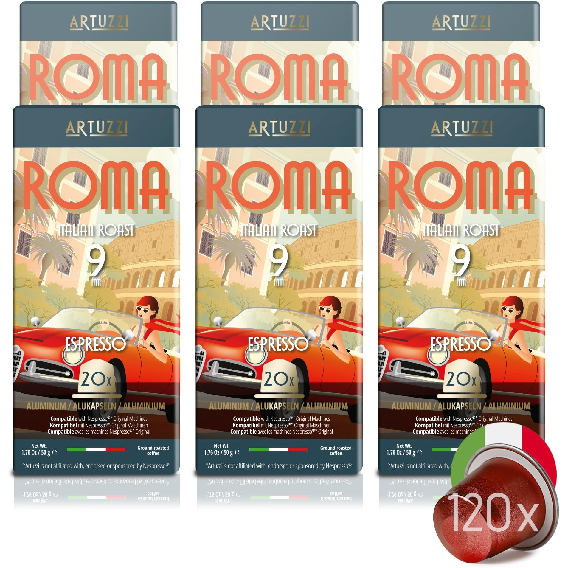 Artuzzi 120Ct Compatible Nespresso Pods For Nespresso Original Machines I Espresso Roma Coffee Capsules I Aluminum & Recyclable Coffee Pods I Fine Italian Dark Roast Espresso Pods