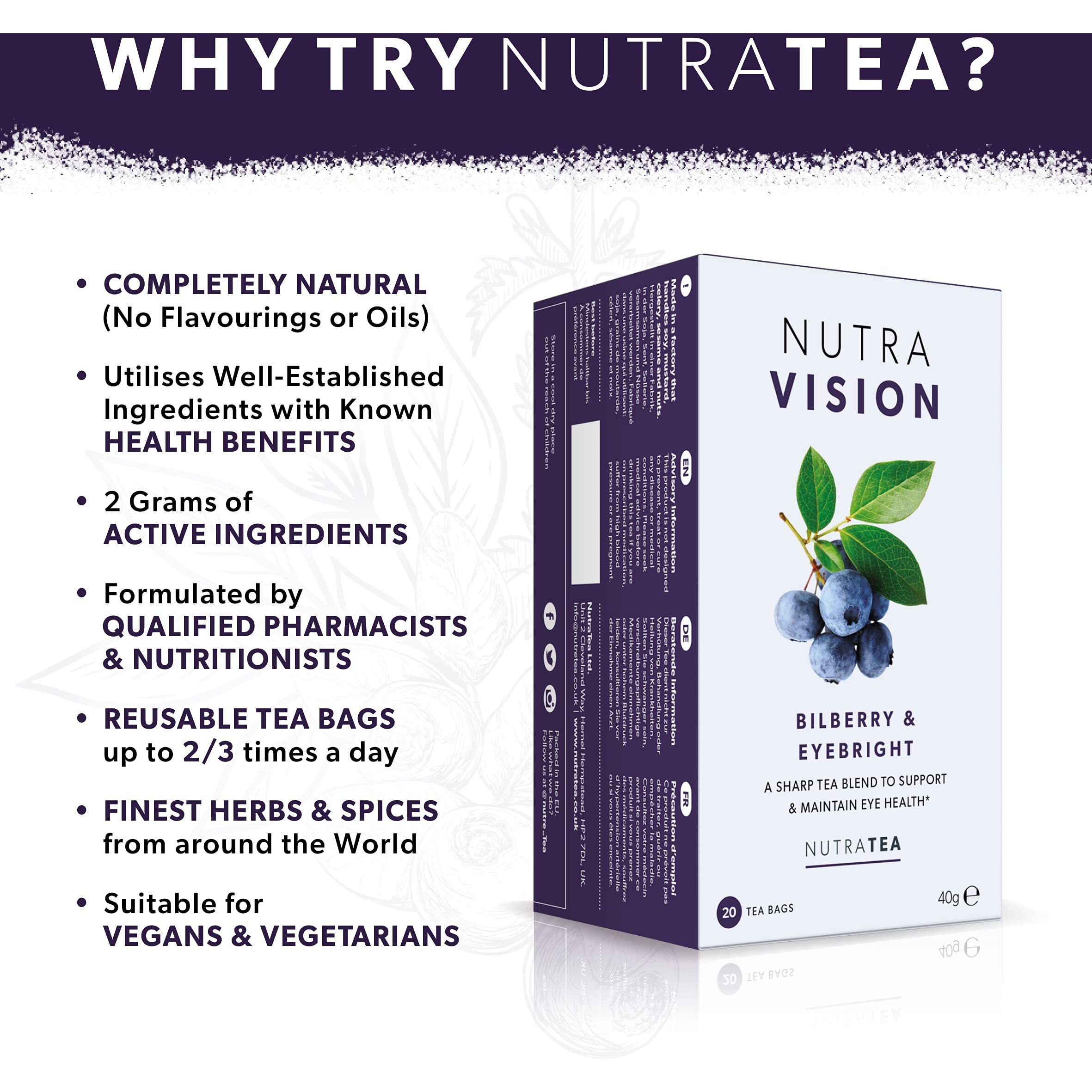 Nutravision - Eye Health Tea - Includes Bilberry & Eyebright - For General And Age-Related Eye Health - 20 Enveloped Tea Bags - By Nutra Tea - Herbal Tea