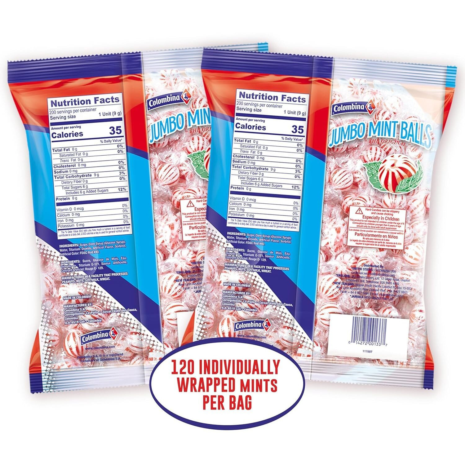 Colombina Jumbo Peppermint Balls, Individually Wrapped Red & White Hard Candy Delights, 2 Pack (240 Count)