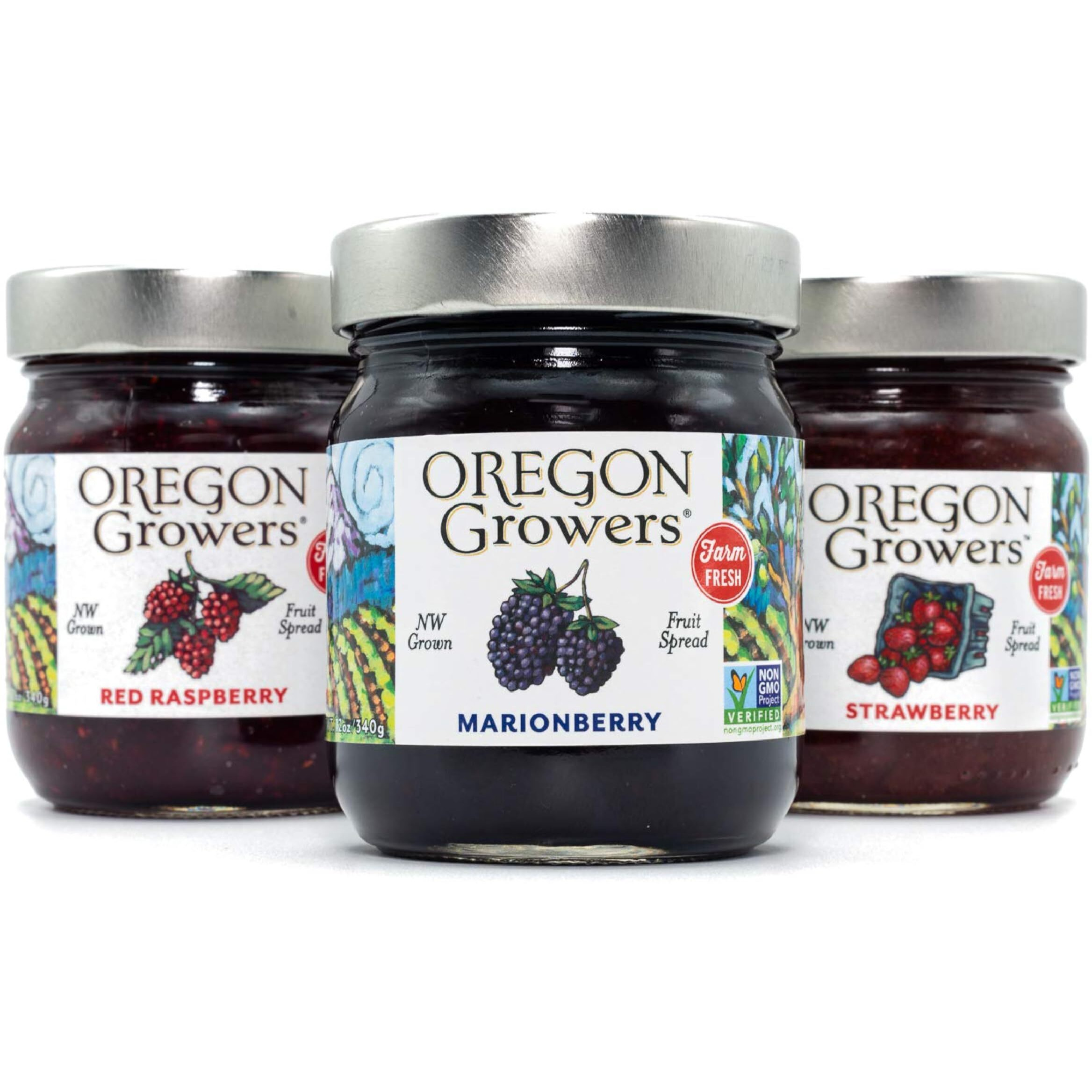 Oregon Growers, Marionberry Jam, Strawberry Jam, & Red Raspberry Jam Variety Pack - Marionberry Preserves, Strawberry Preserves, Red Raspberry Preserves, Organic Jelly - 12 Oz Each (Pack Of 3)