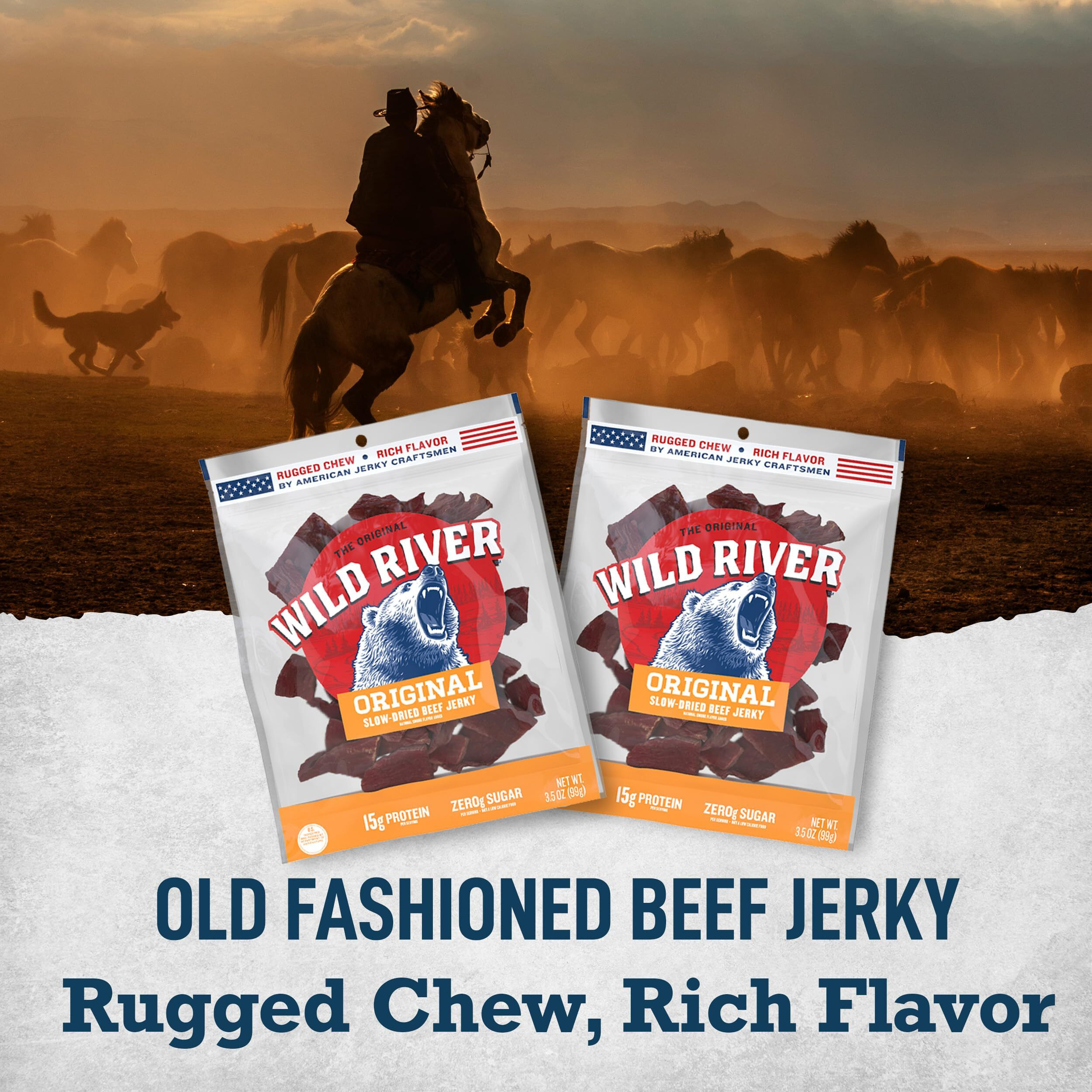 Wild River Original Beef Jerky, Old Fashioned Beef Jerky, Gluten Free, Deliciously Seasoned, Savory Meat Snack For Lunches, Ready To Eat, Made With 100% Beef, 15G Of Protein, 3.5 Ounce (Pack Of 4)